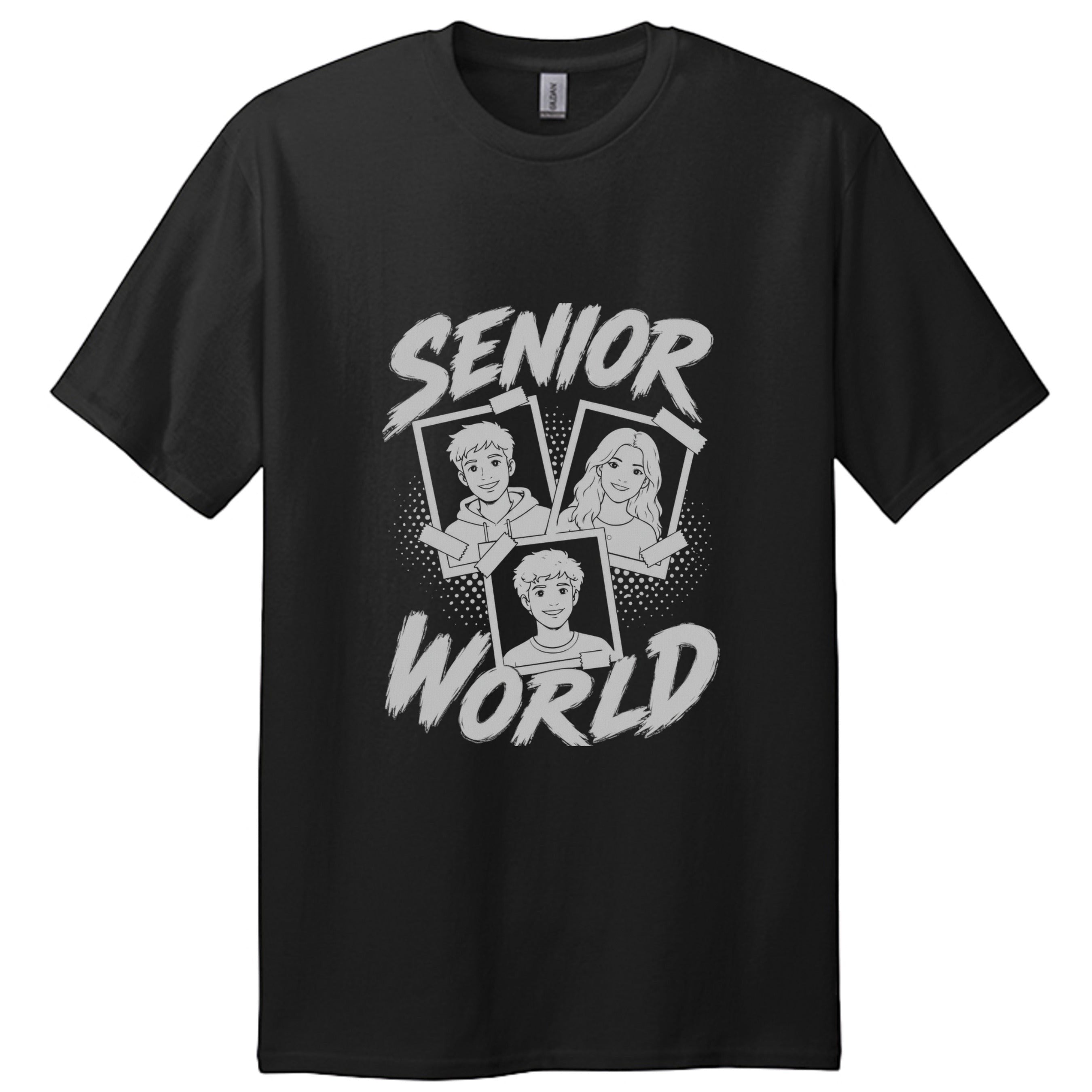 Stylio black 100% cotton t-shirt with "Senior World" graphic featuring three cartoon portraits.