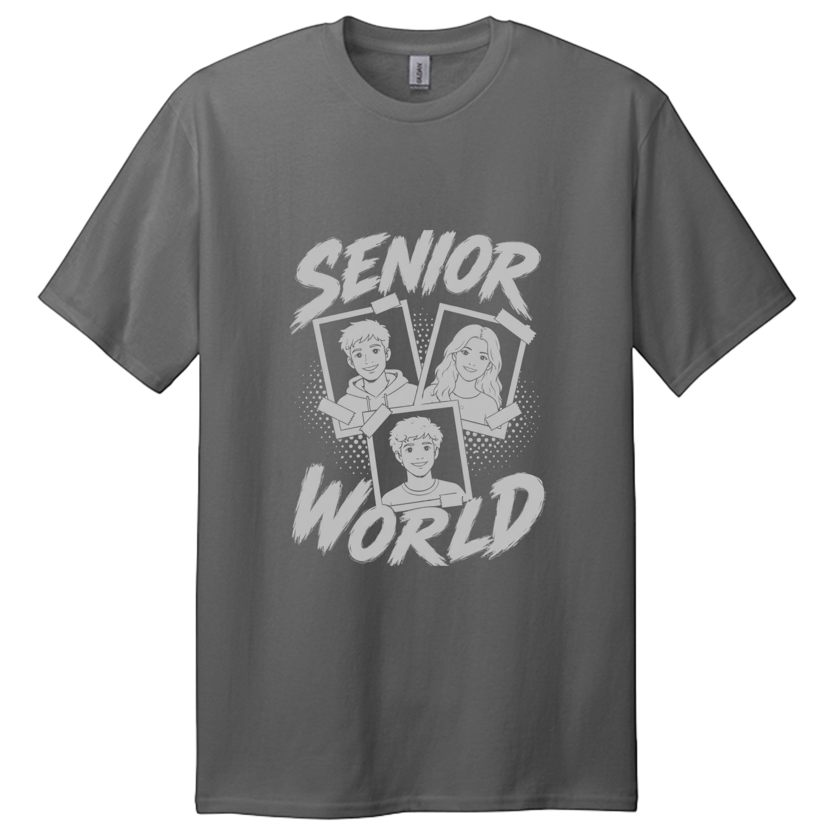 Stylio grey cotton t-shirt with "Senior World" graphic featuring three cartoon portraits in polaroid frames.