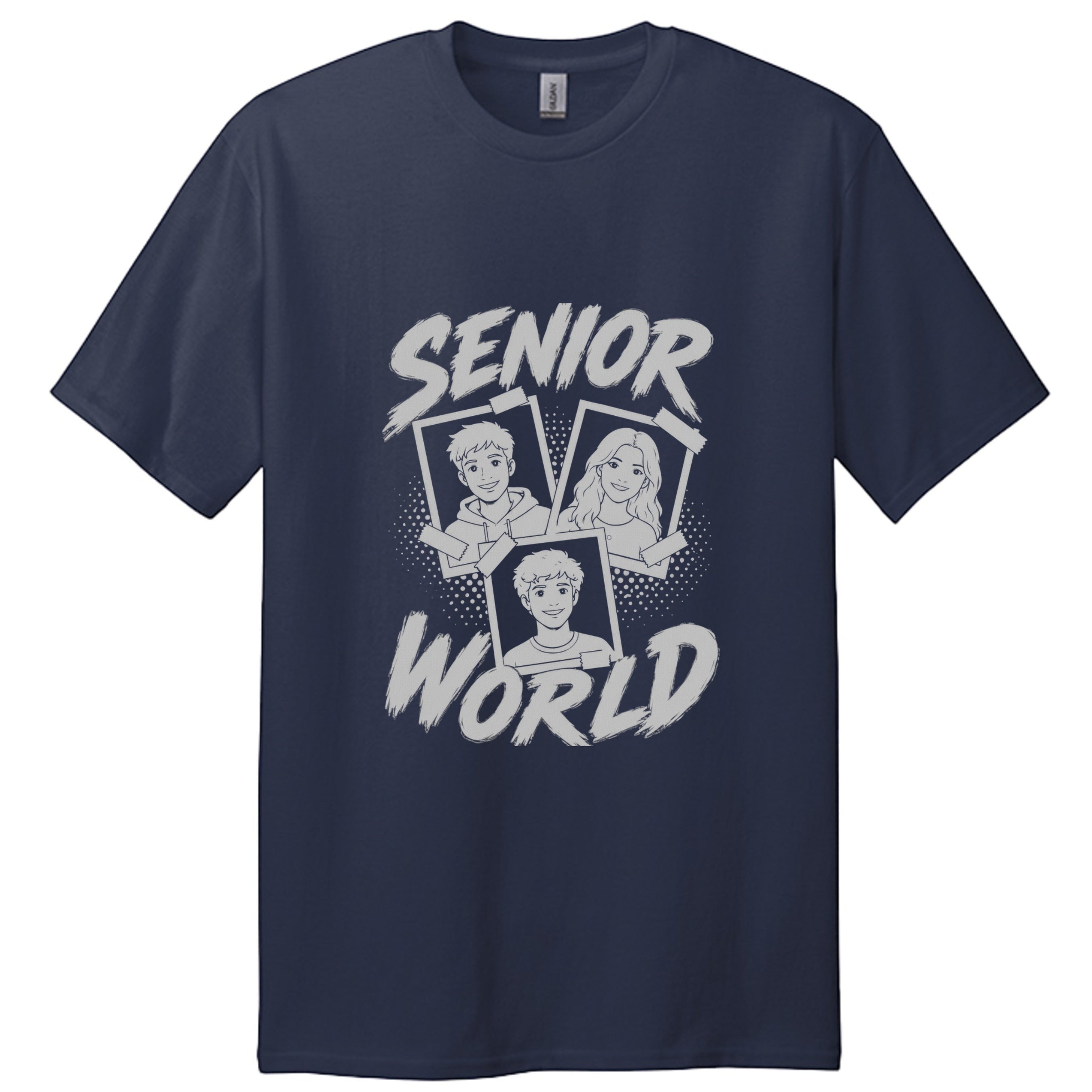 Stylio navy blue cotton t-shirt with "Senior World" graphic featuring three framed portraits of smiling students.