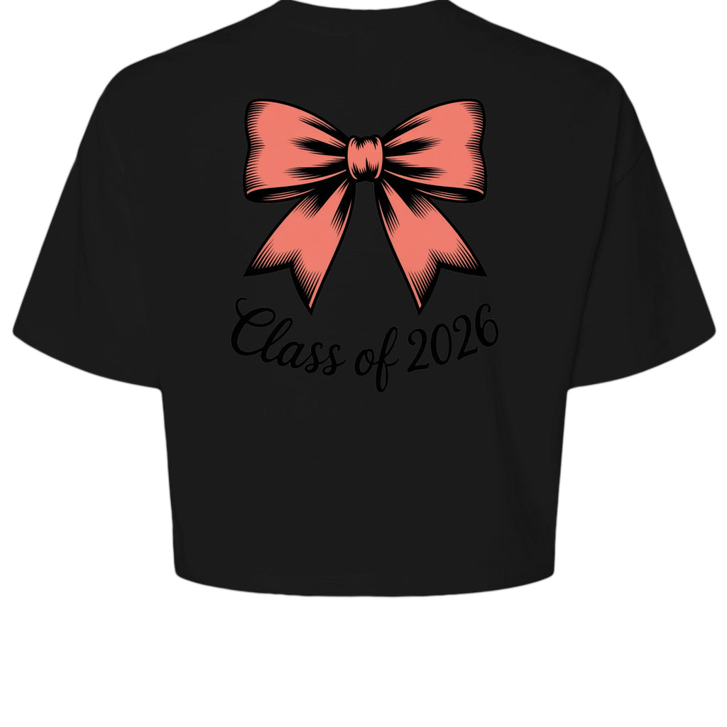 Stylio black 100% cotton crop tee with coral bow graphic and "Class of 2026" text.