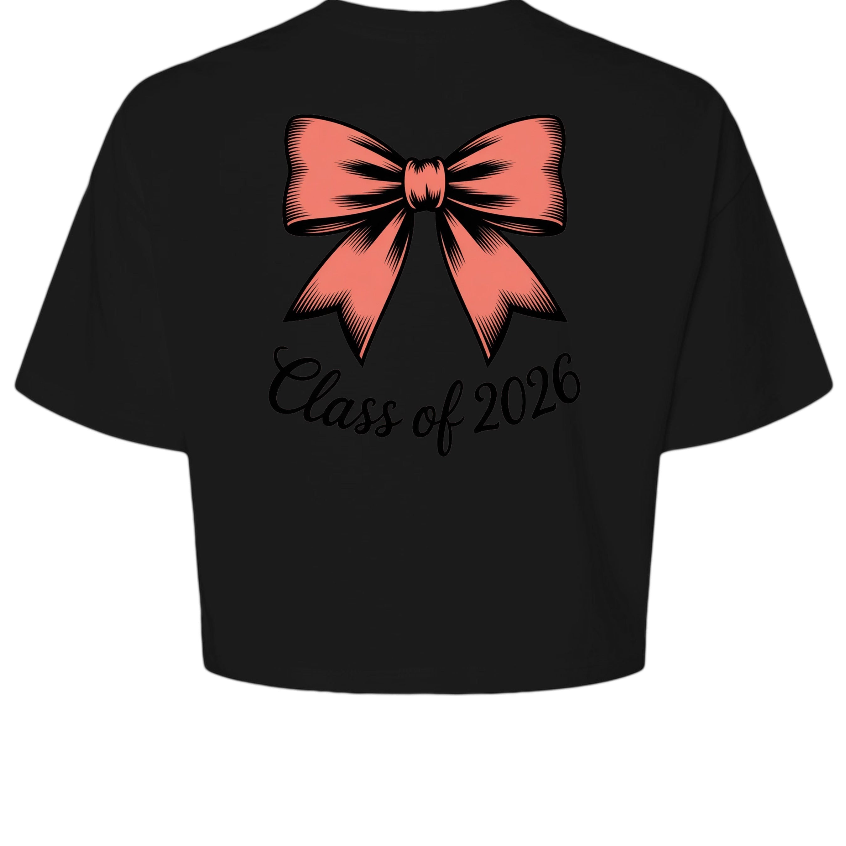 Stylio black 100% cotton crop tee with coral bow graphic and "Class of 2026" text.