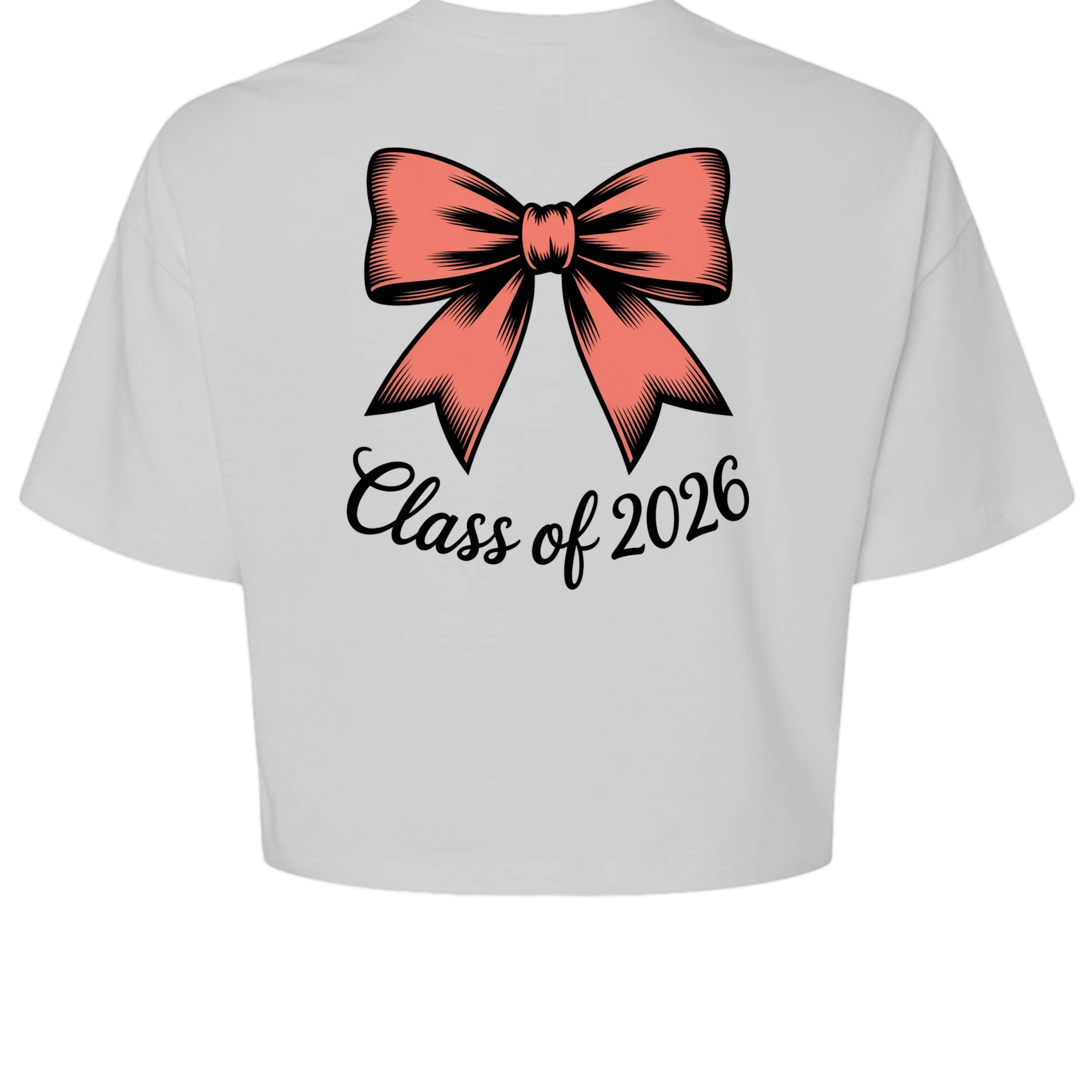 Stylio white 100% cotton crop tee with a coral bow graphic and "Class of 2026" text.