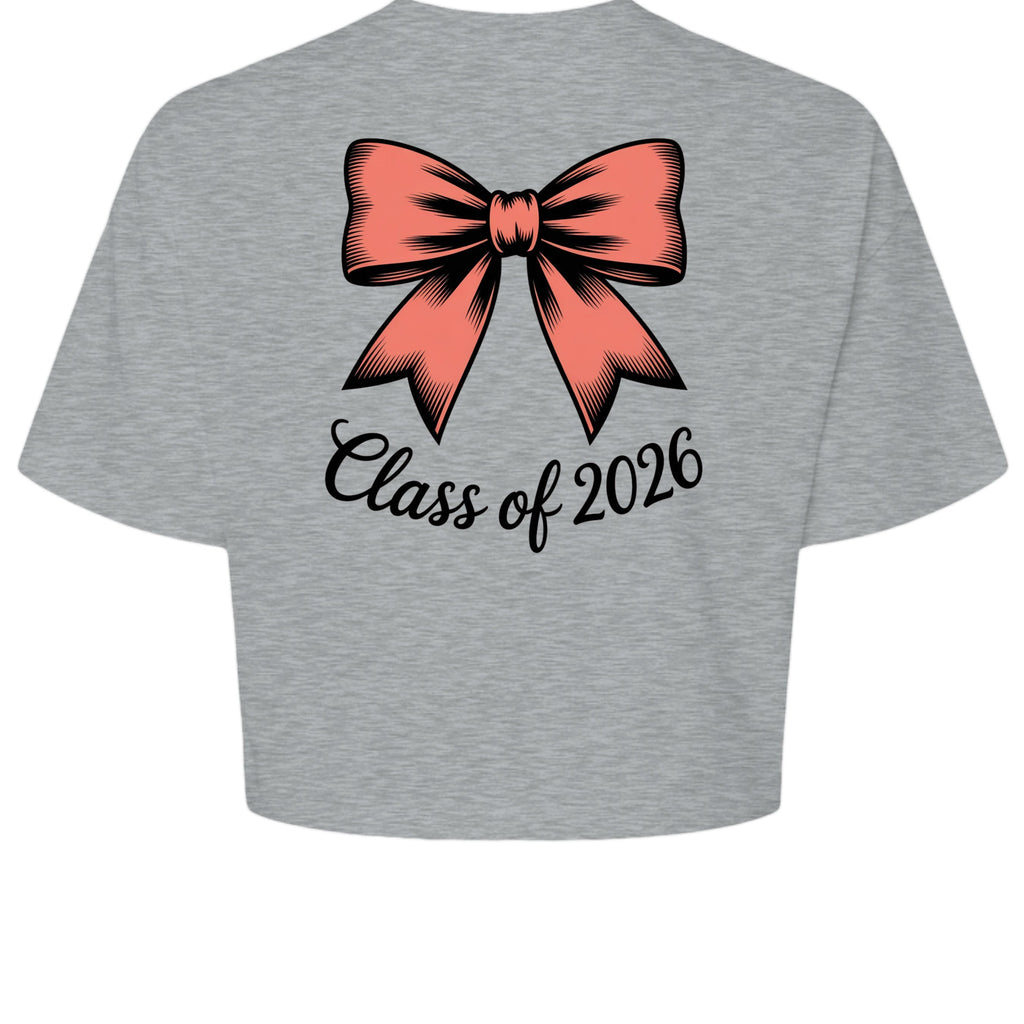 Stylio grey cotton crop tee with a coral bow graphic and "Class of 2026" text.