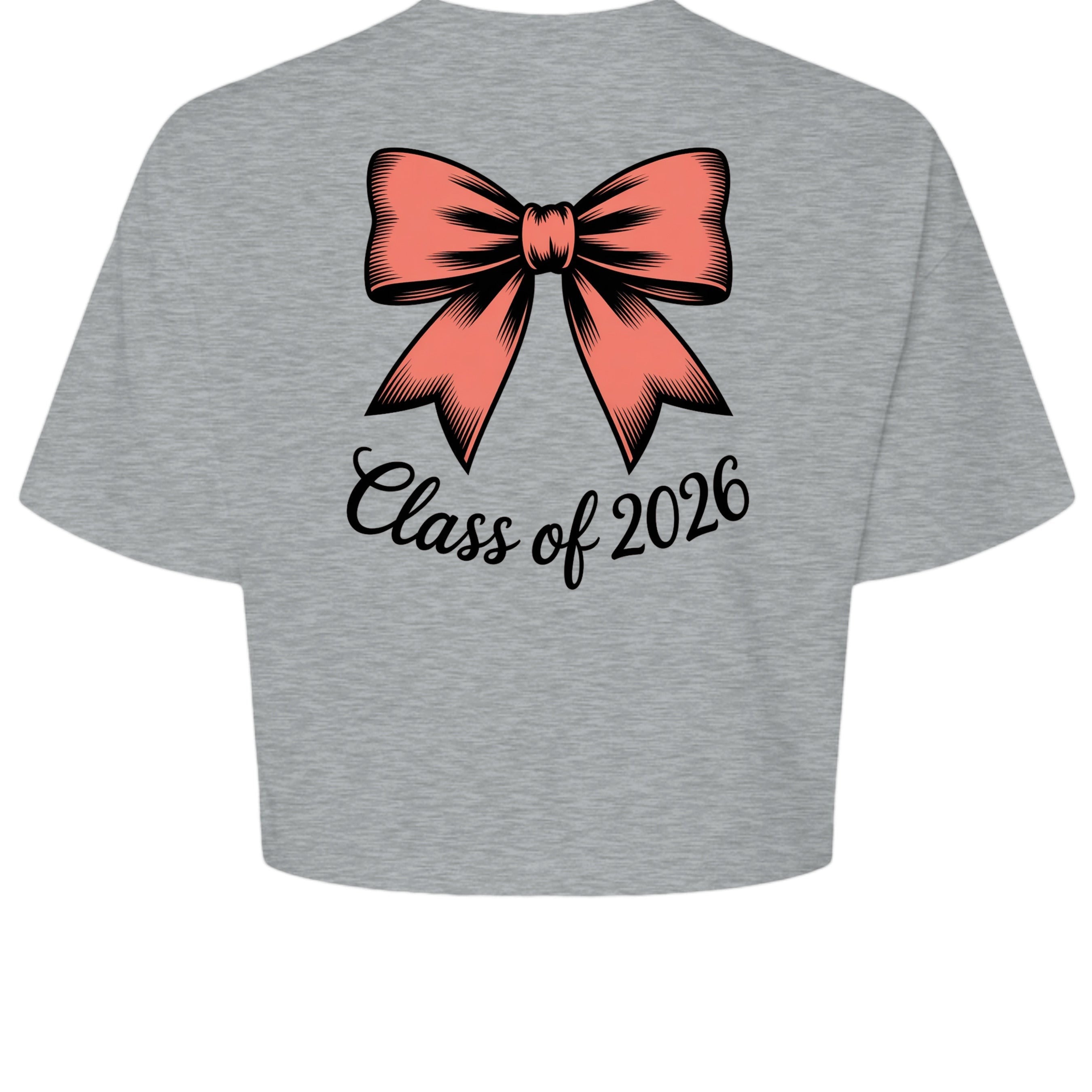 Stylio grey cotton crop tee with a coral bow graphic and "Class of 2026" text.