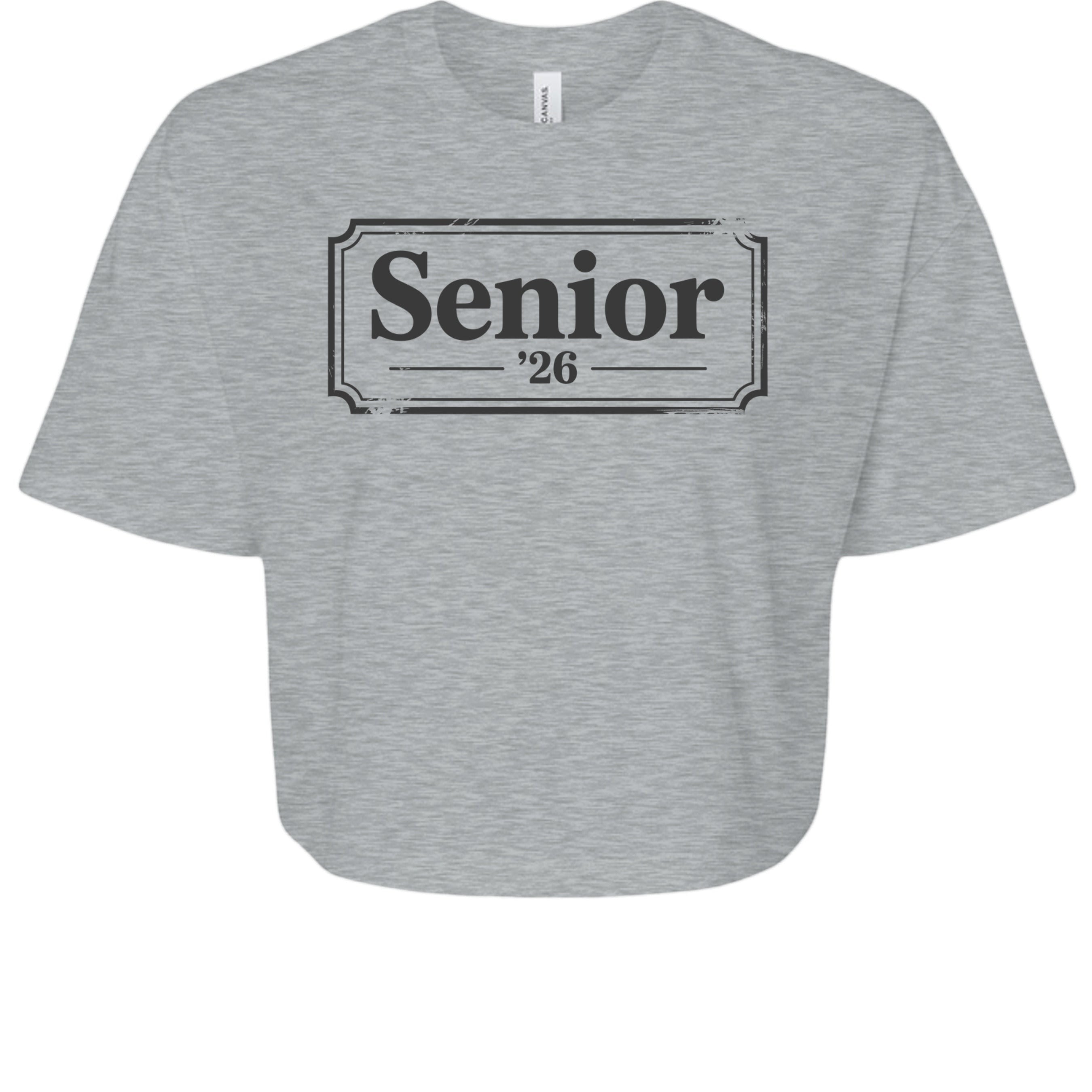 Stylio grey 100% cotton crop tee with "Senior '26" graphic print. Relaxed fit, oversized sleeves, and mid-length hem.