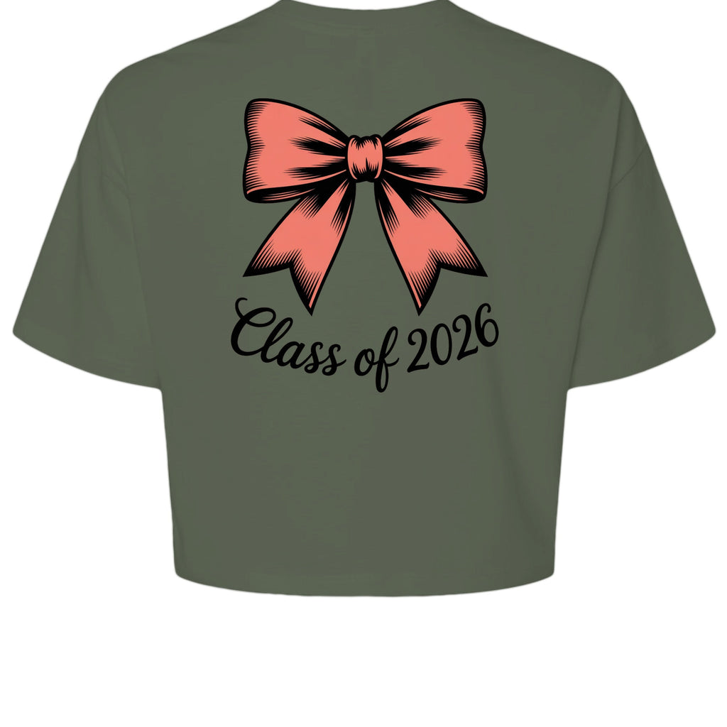 Stylio olive green 100% cotton crop tee with a coral bow graphic and "Class of 2026" text.
