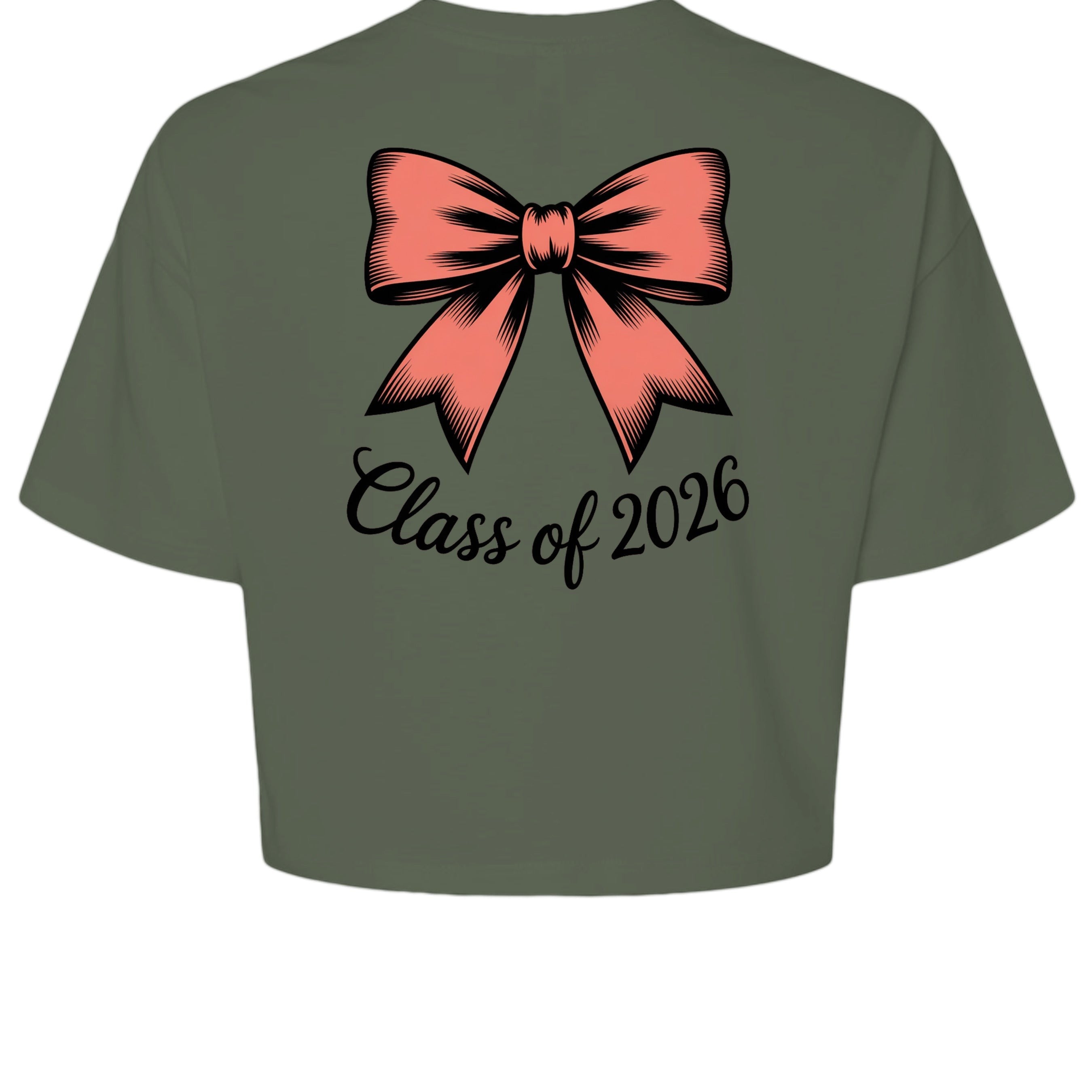 Stylio olive green 100% cotton crop tee with a coral bow graphic and "Class of 2026" text.