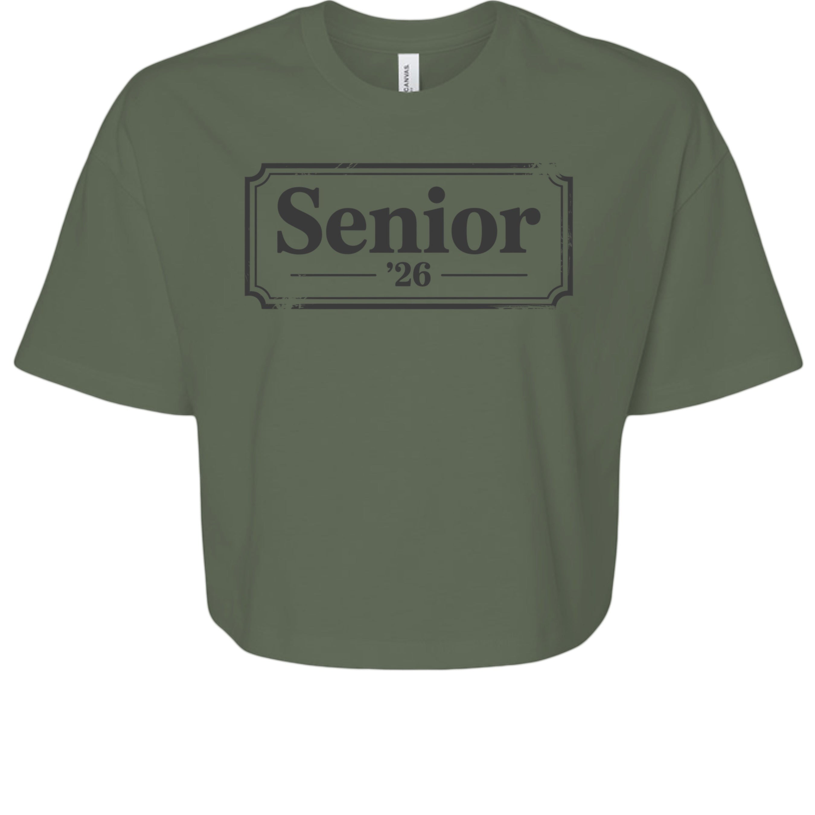 Stylio olive green 100% cotton crop tee with "Senior '26" graphic. Relaxed fit with oversized sleeves.