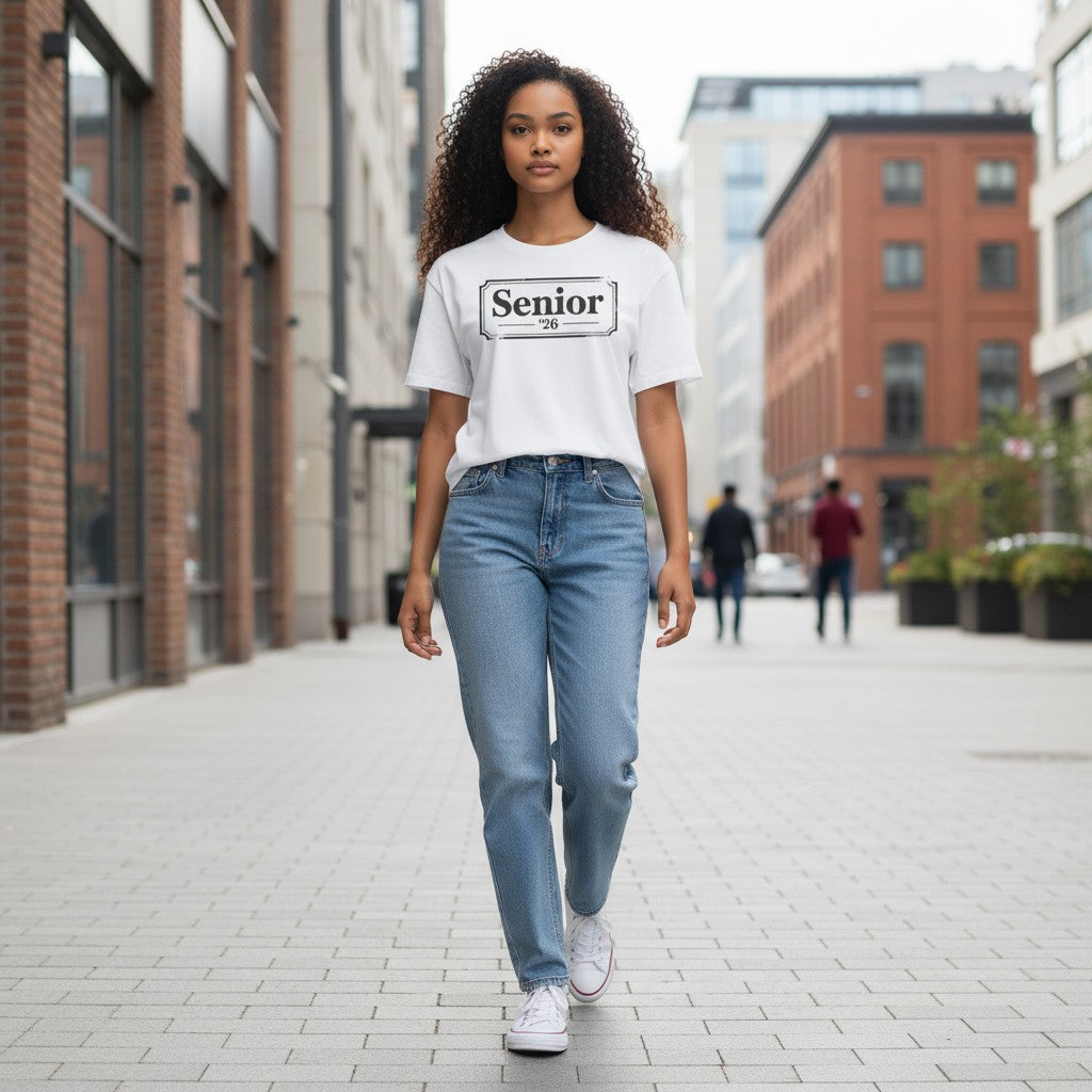 Stylio white 100% cotton crop tee with "Senior '26" graphic print. Relaxed fit, oversized sleeves, and mid-length hem.