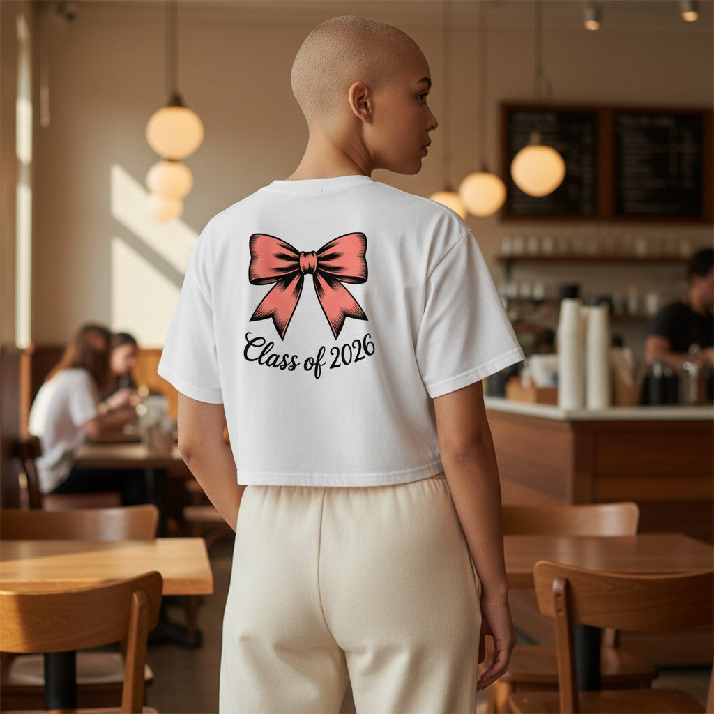 Stylio white cotton crop tee with coral bow graphic and "Class of 2026" text