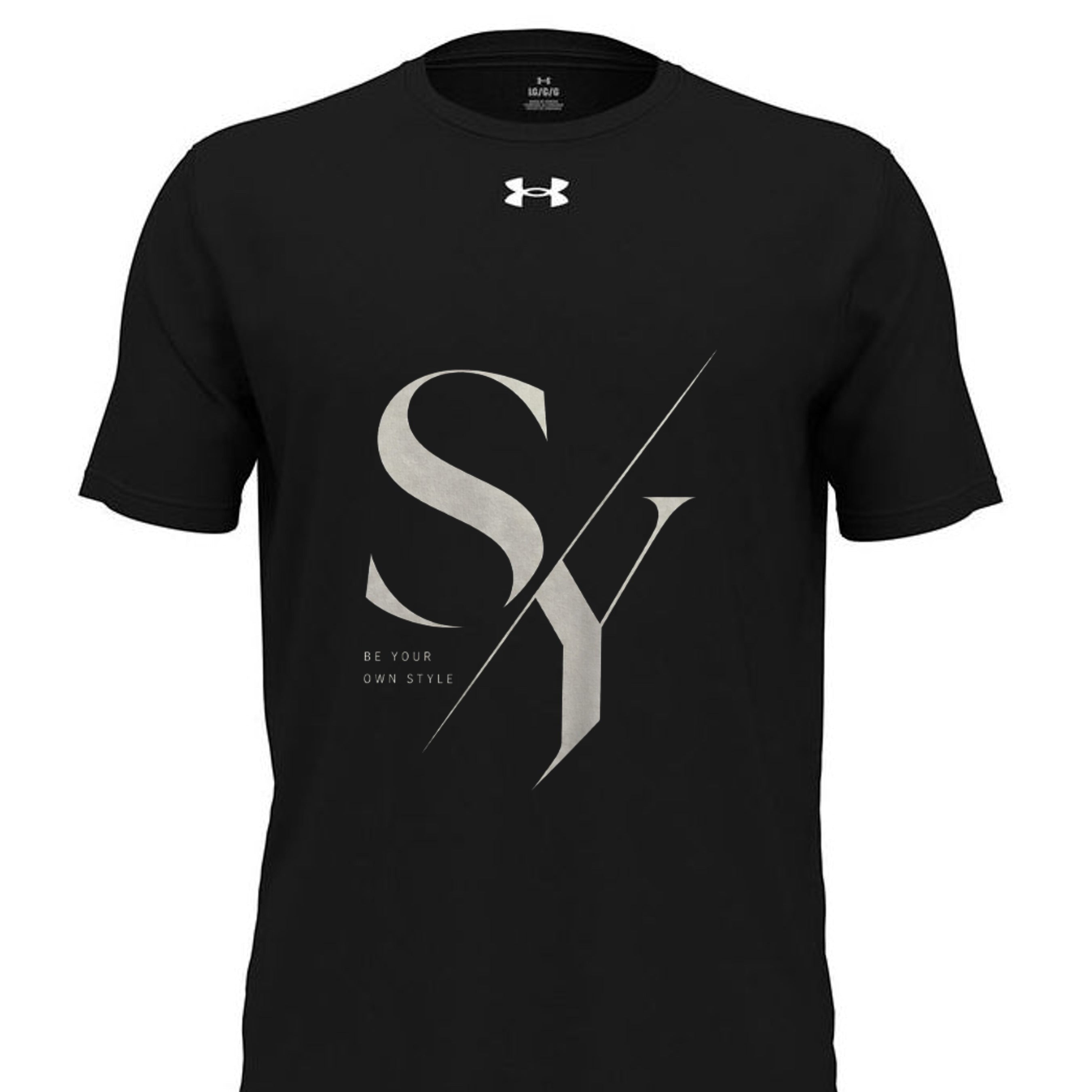 Stylio x Under Armour black short-sleeve t-shirt with large grey 'SY' graphic and 'BE YOUR OWN STYLE' text. Made from 100% recycled polyester.