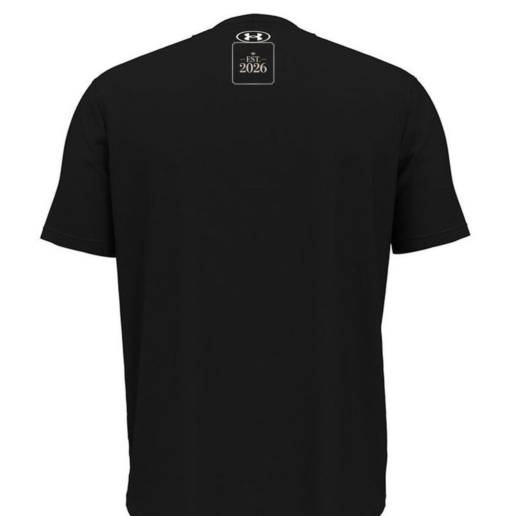 Stylio x Under Armour black short-sleeve t-shirt made from 100% recycled polyester with moisture-wicking and anti-odor technology.