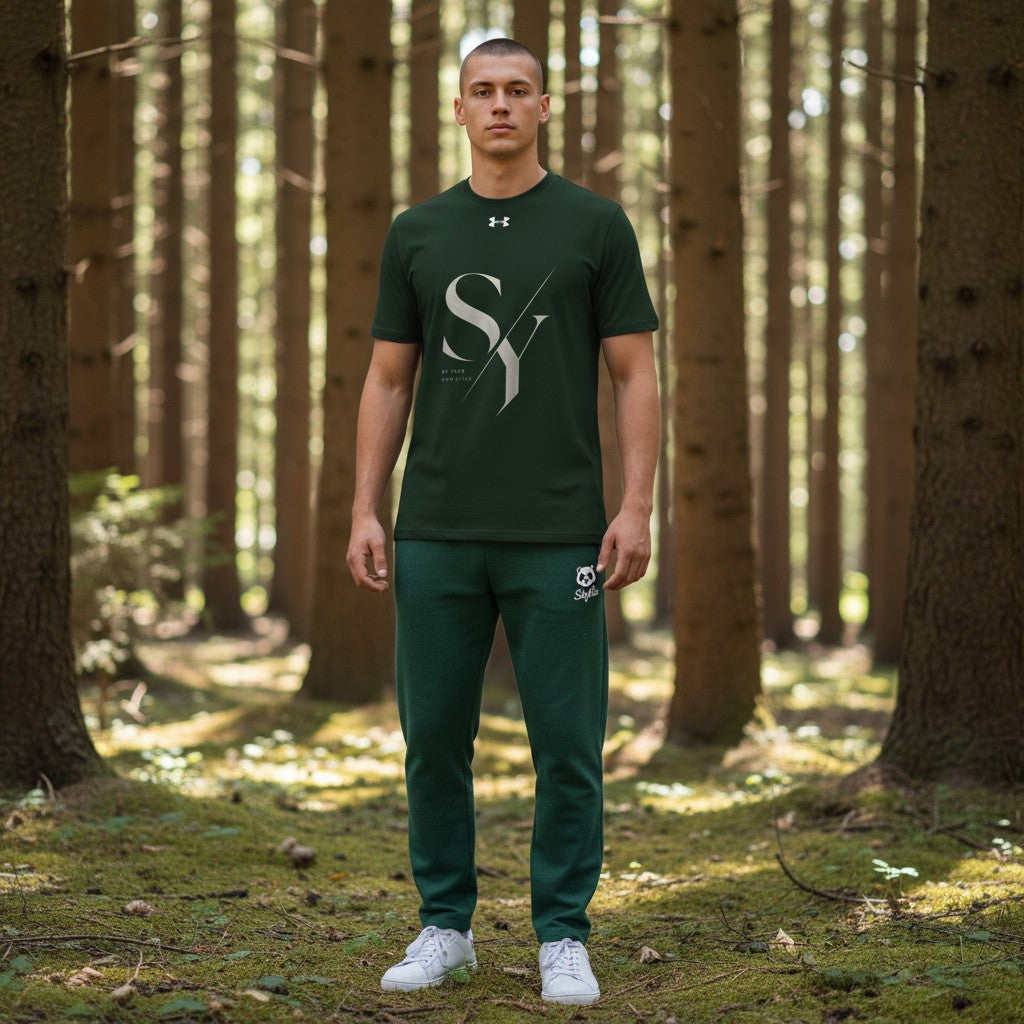 Stylio x Under Armour dark green short-sleeve tee with large grey 'SY' graphic and text 'BE YOUR OWN STYLE'.