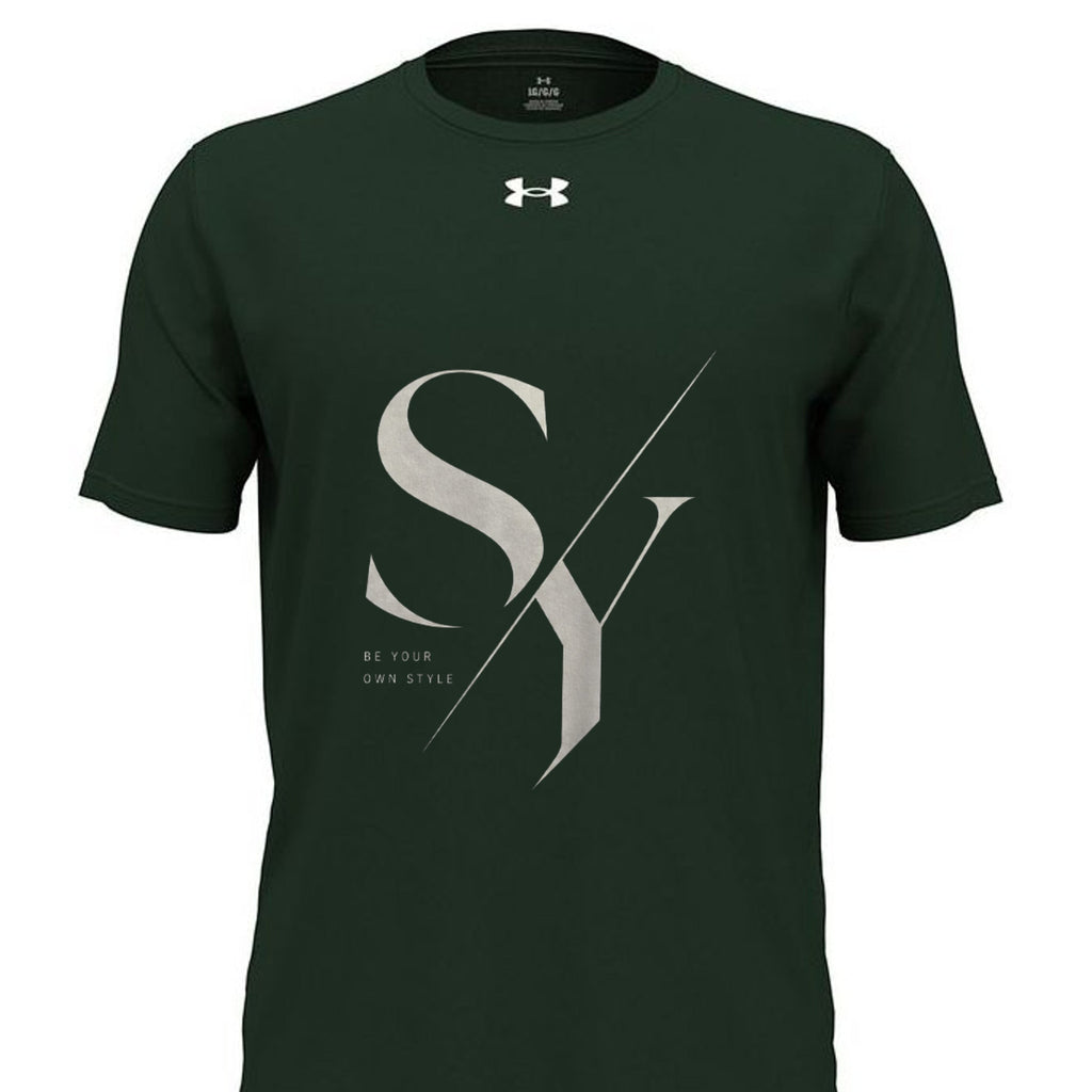 Stylio x Under Armour dark green short-sleeve t-shirt with large "SY" graphic and "BE YOUR OWN STYLE" text. Made from 100% recycled polyester.