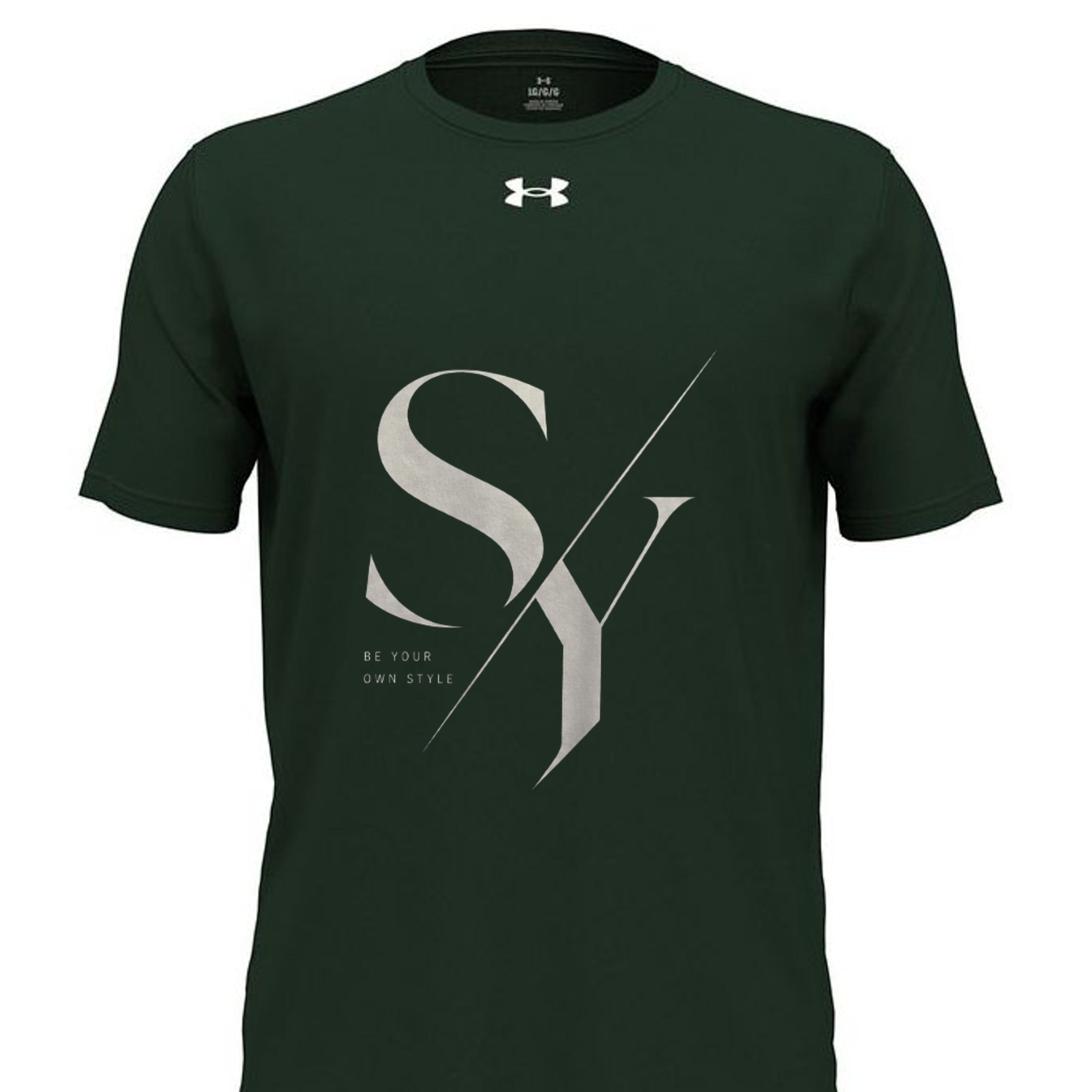 Stylio x Under Armour dark green short-sleeve t-shirt with large "SY" graphic and "BE YOUR OWN STYLE" text. Made from 100% recycled polyester.