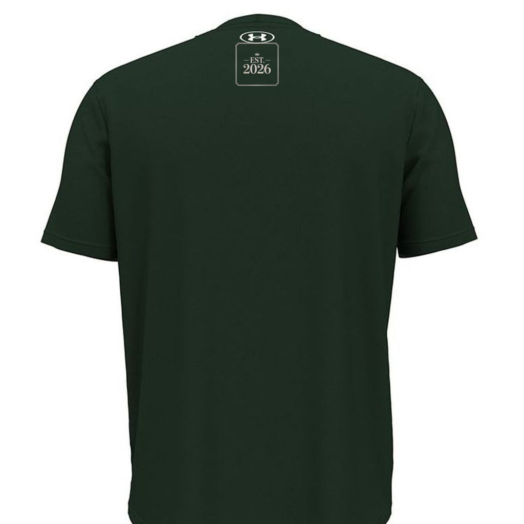 Stylio x Under Armour dark green short-sleeve tee made from 100% recycled polyester with moisture-wicking and anti-odor technology.