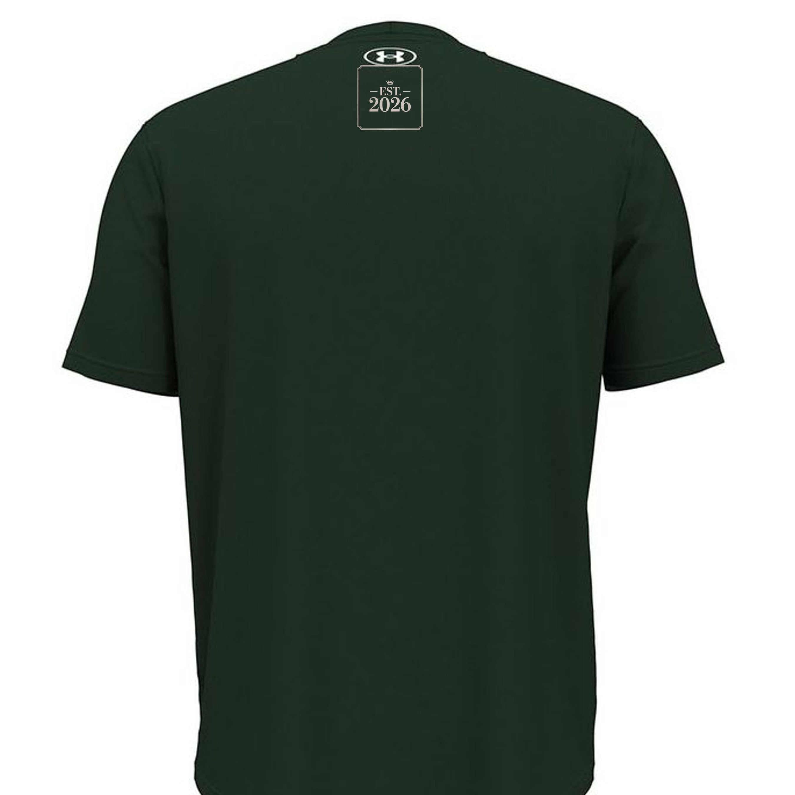 Stylio x Under Armour dark green short-sleeve tee made from 100% recycled polyester with moisture-wicking and anti-odor technology.