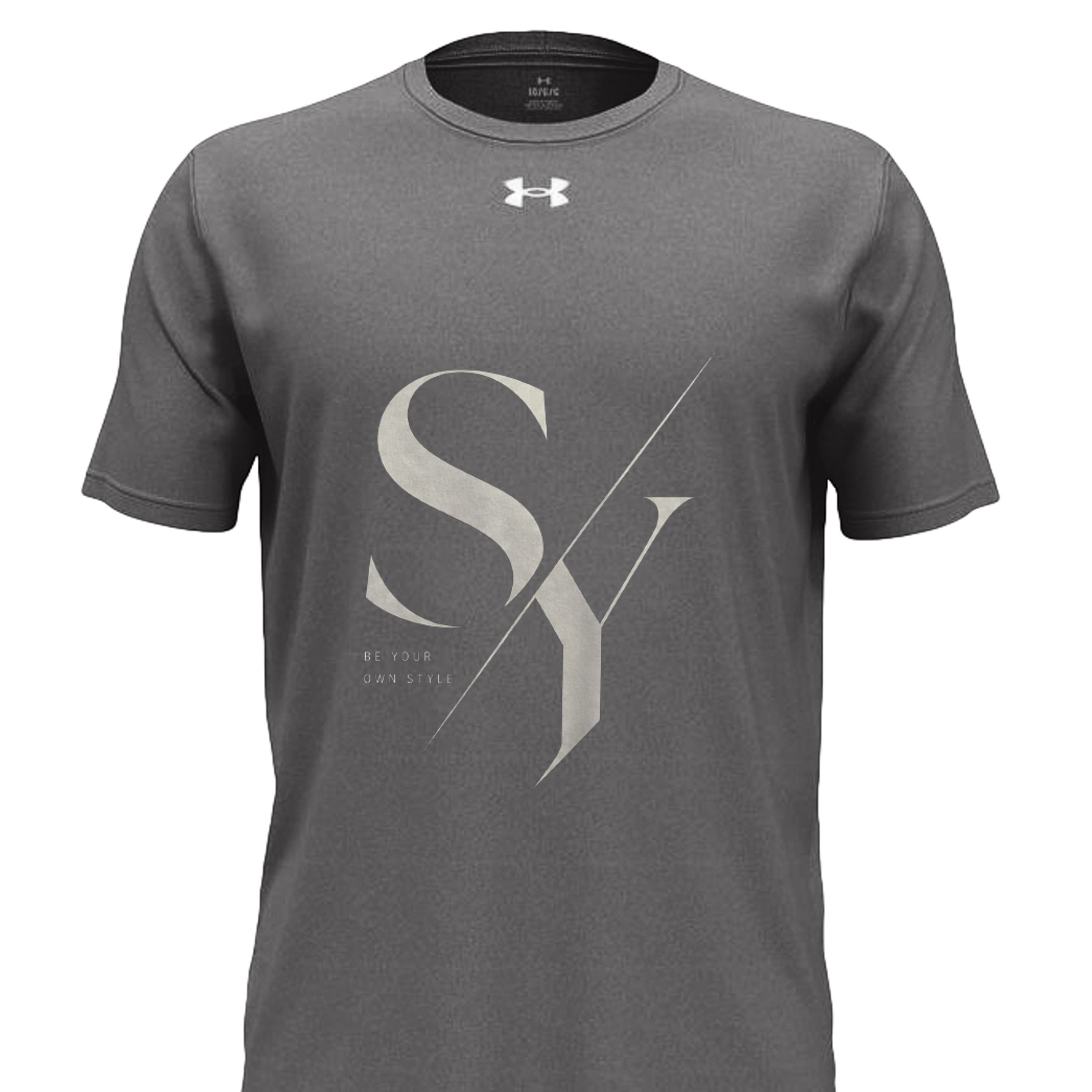 Stylio x Under Armour grey short-sleeve t-shirt with large "SY" graphic and "BE YOUR OWN STYLE" text. Made from 100% recycled polyester.