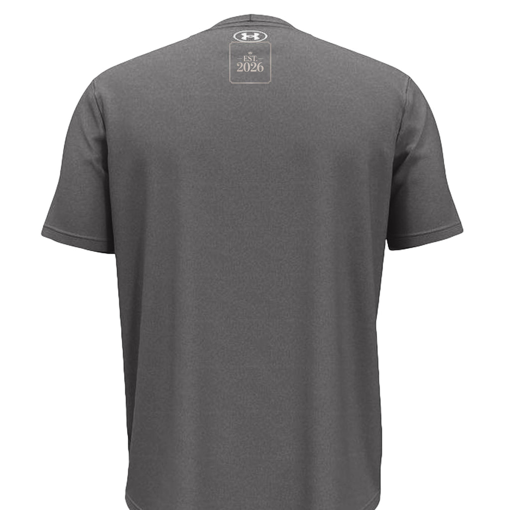Stylio x Under Armour grey short-sleeve t-shirt with moisture-wicking fabric and anti-odor technology. Features Under Armour logo and "EST. 2026" graphic on back.