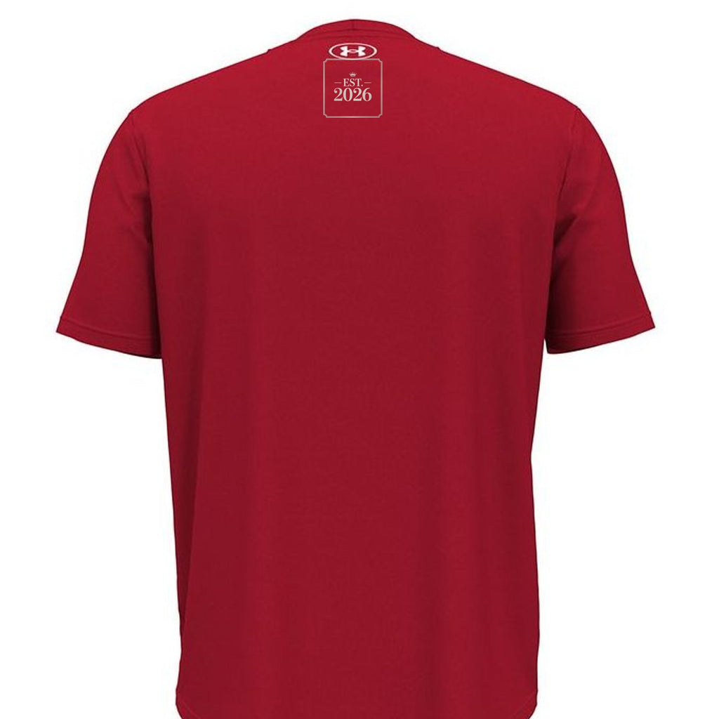 Stylio x Under Armour red short-sleeve tee made from 100% recycled polyester with moisture-wicking and anti-odor technology.