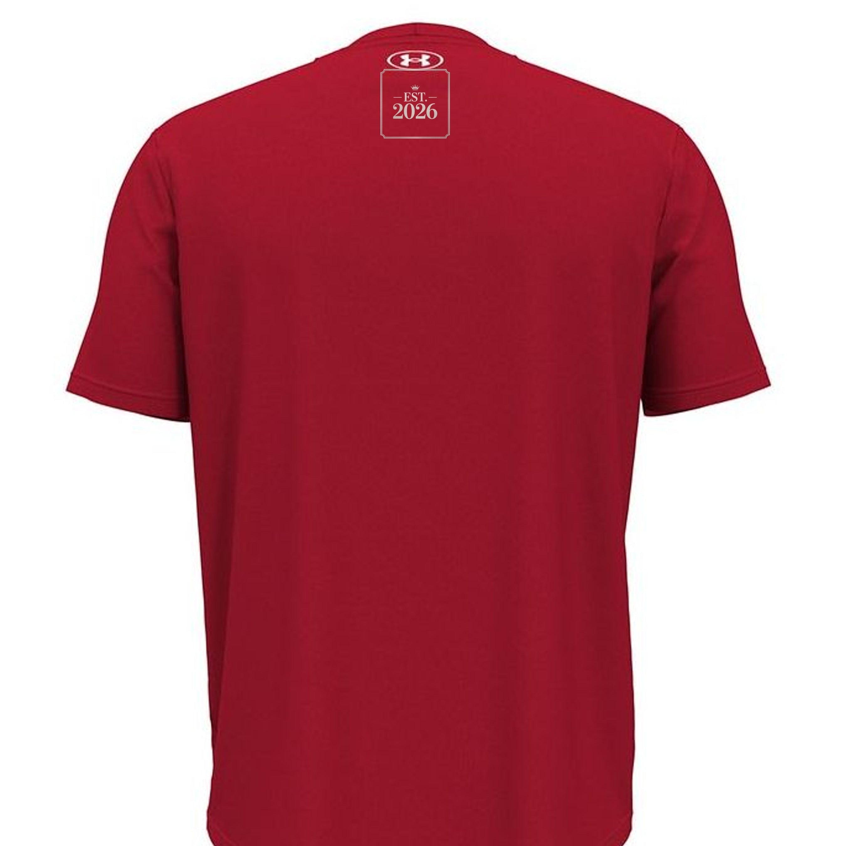 Stylio x Under Armour red short-sleeve tee made from 100% recycled polyester with moisture-wicking and anti-odor technology.