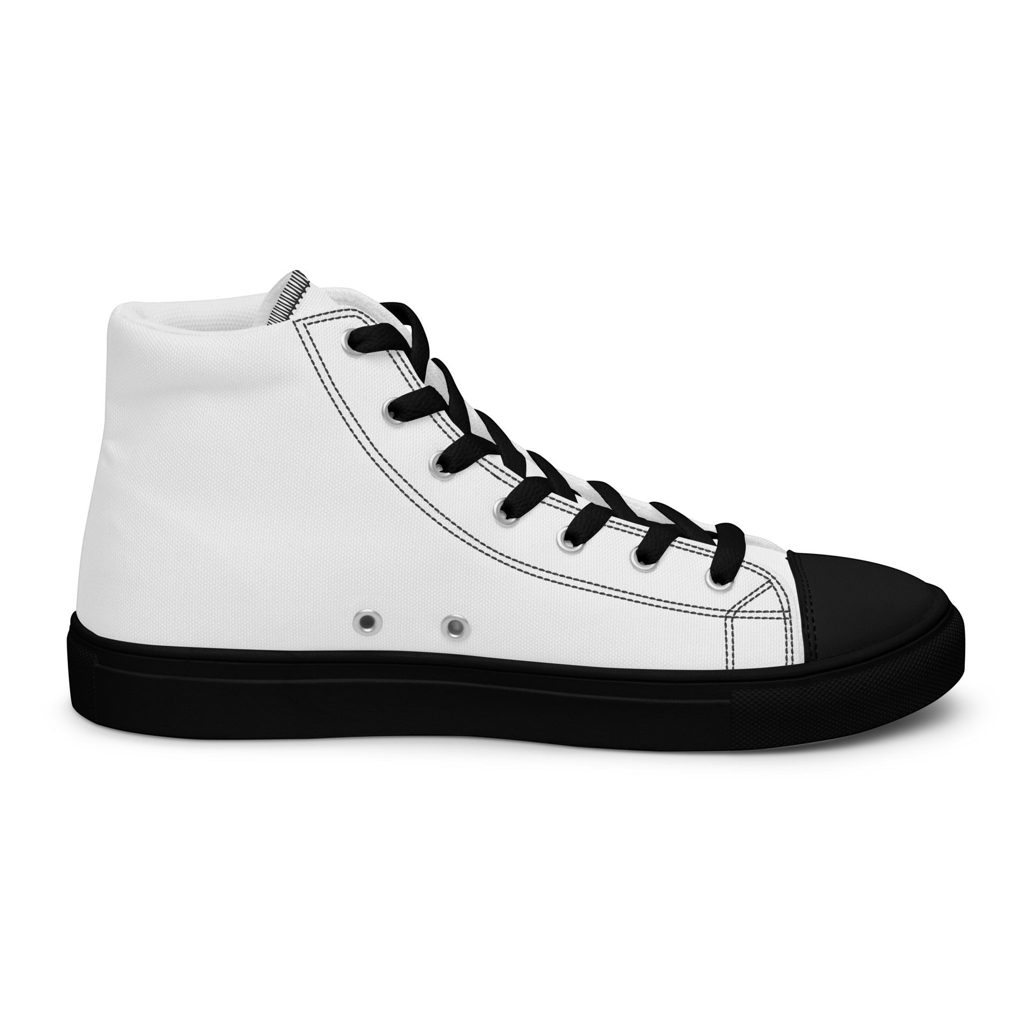 Stylio men's white canvas high top shoes with black laces, black toe cap, and black sole. Padded collar and lace-up front.