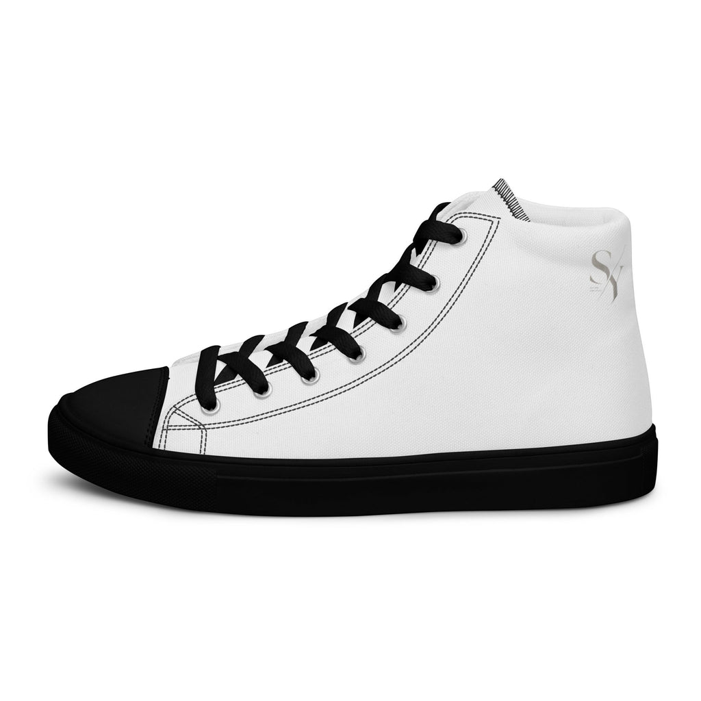 Stylio men's white canvas high top shoes with black laces, black toe cap, and black sole. Features a silver logo on the side.