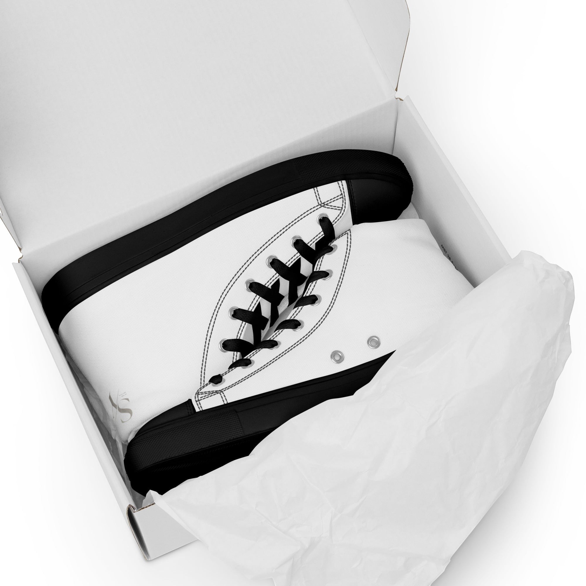 Stylio men's white canvas high top shoes with black laces and black soles, presented in a white box.