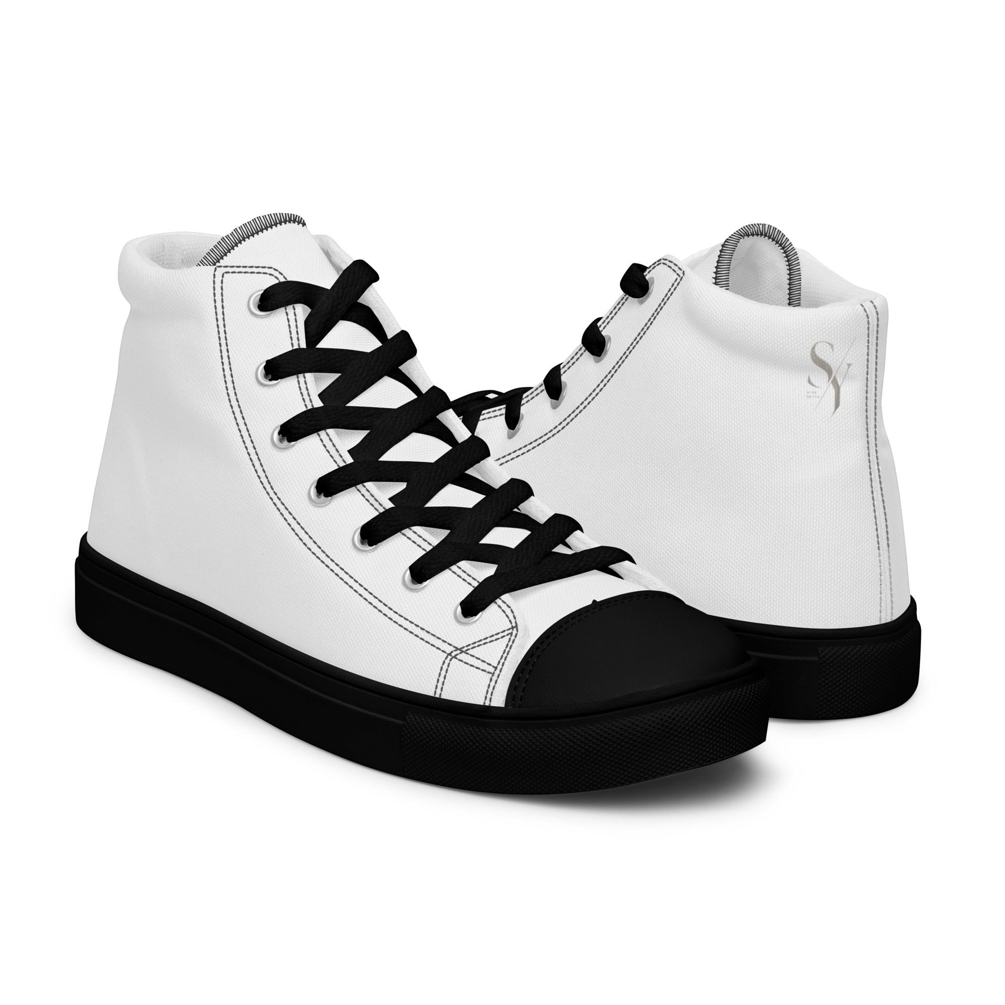 Stylio men's white canvas high top shoes with black laces, black toe cap, and black sole. Features a subtle silver logo on the heel.