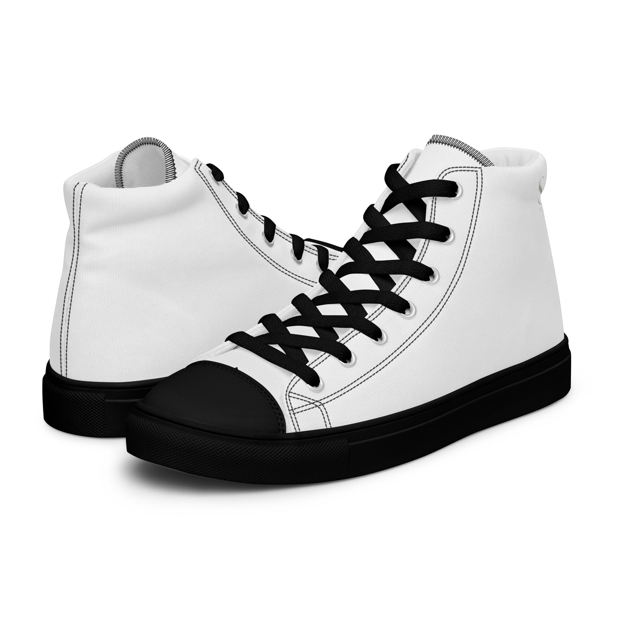 Stylio men's white canvas high top shoes with black laces, black toe cap, and black sole.