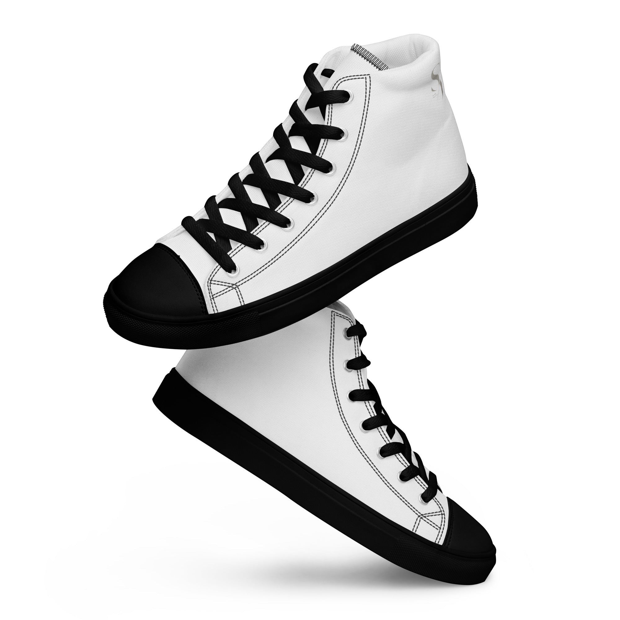 Stylio men's white canvas high-top sneakers with black toe caps, laces, and soles.