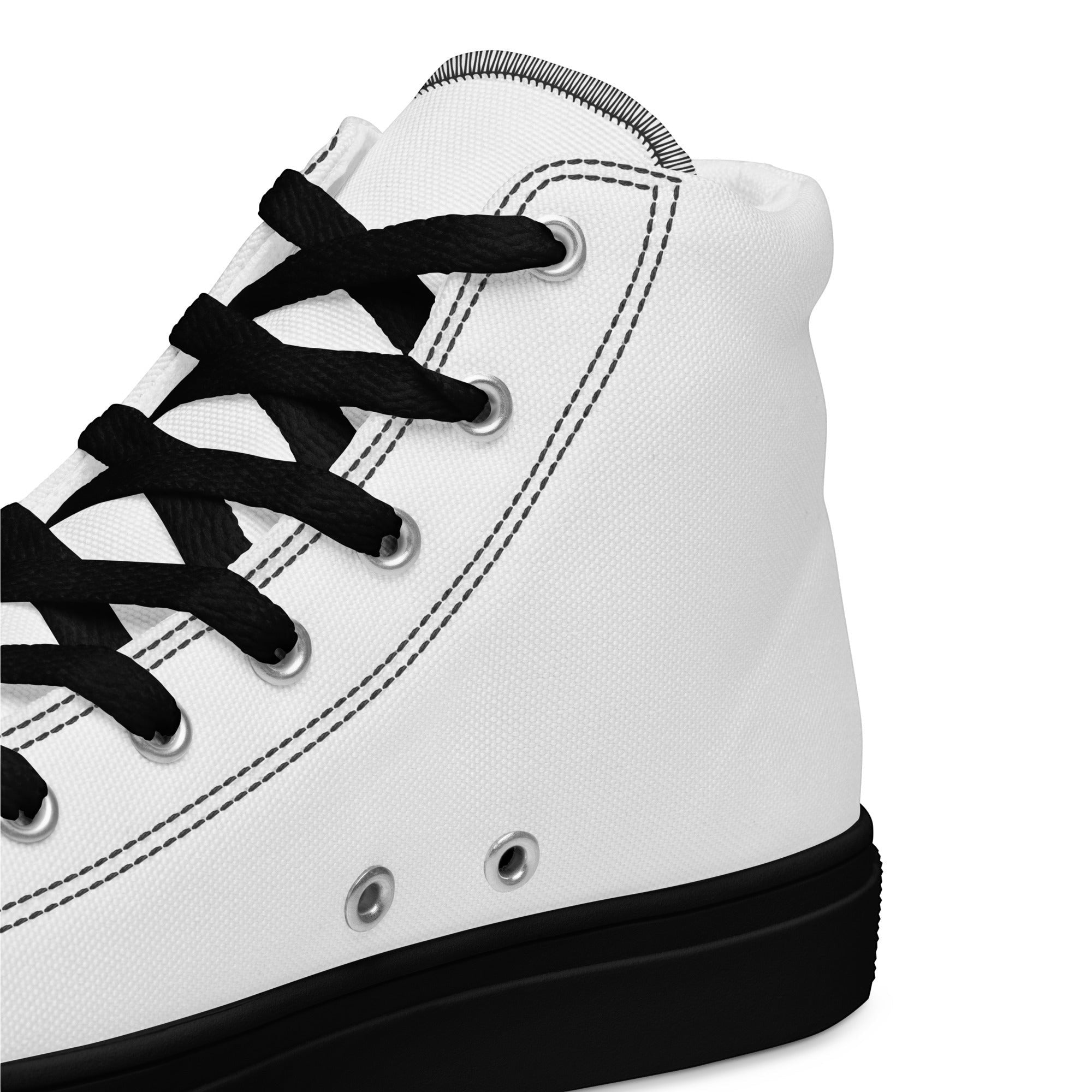 Stylio Men's white canvas high top sneakers with black laces, black sole, and black stitching detail.