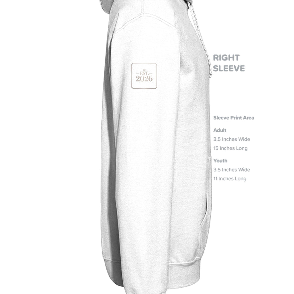 Stylio white cotton-blend hoodie with "EST. 2026" logo patch on the left sleeve.