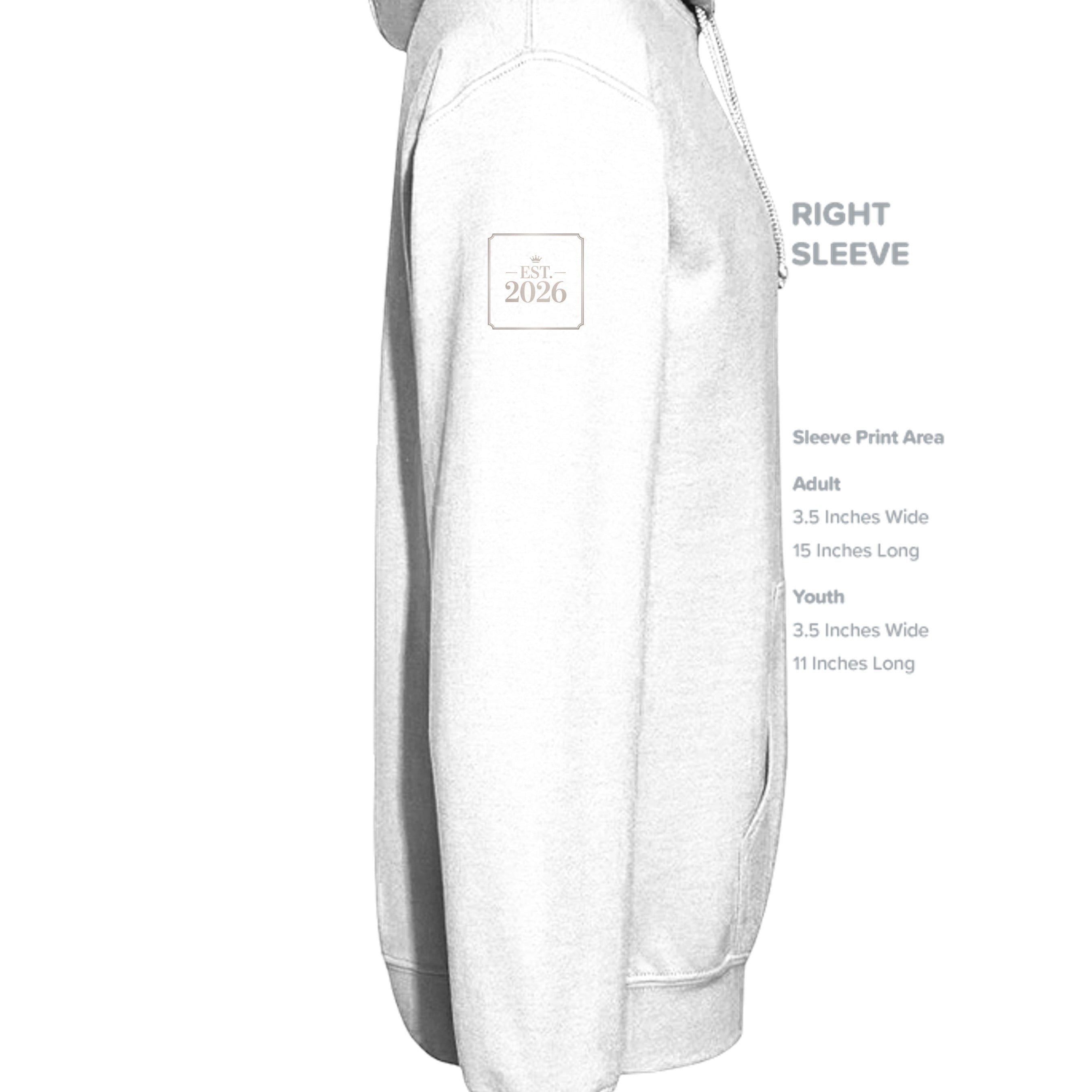 Stylio white cotton-blend hoodie with "EST. 2026" logo patch on the left sleeve.