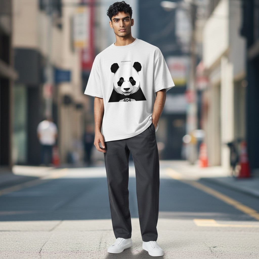 Stylio white cotton t-shirt with a graphic print of a panda face and the number 404.