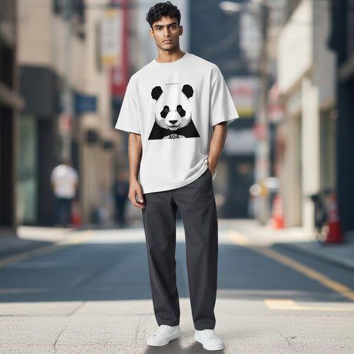 Stylio white cotton t-shirt with a graphic print of a panda face and the number 404.