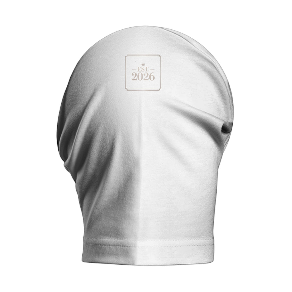 Stylio white heavyweight cotton t-shirt with dropped shoulders and "EST. 2026" logo on back.