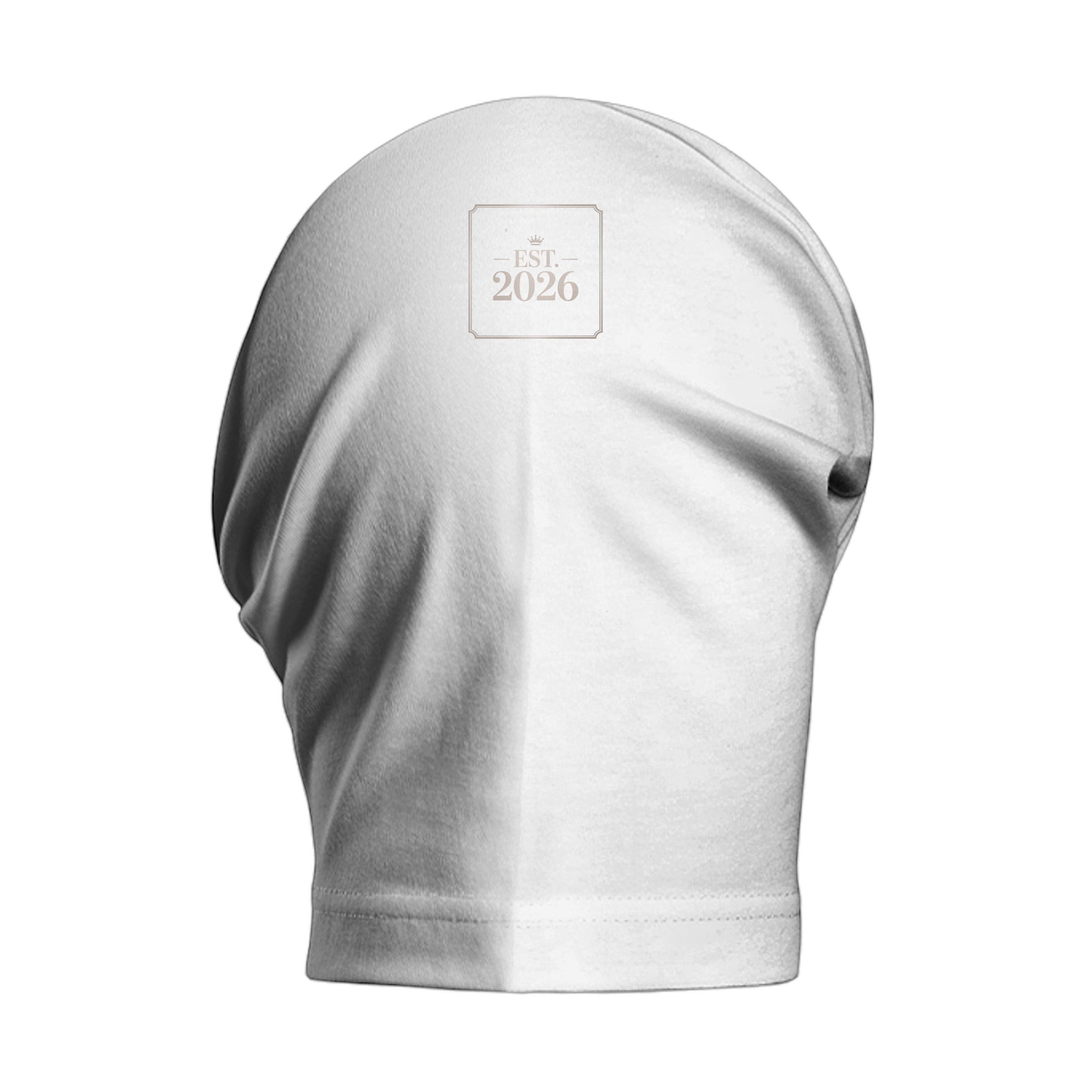 Stylio white heavyweight cotton t-shirt with dropped shoulders and "EST. 2026" logo on back.