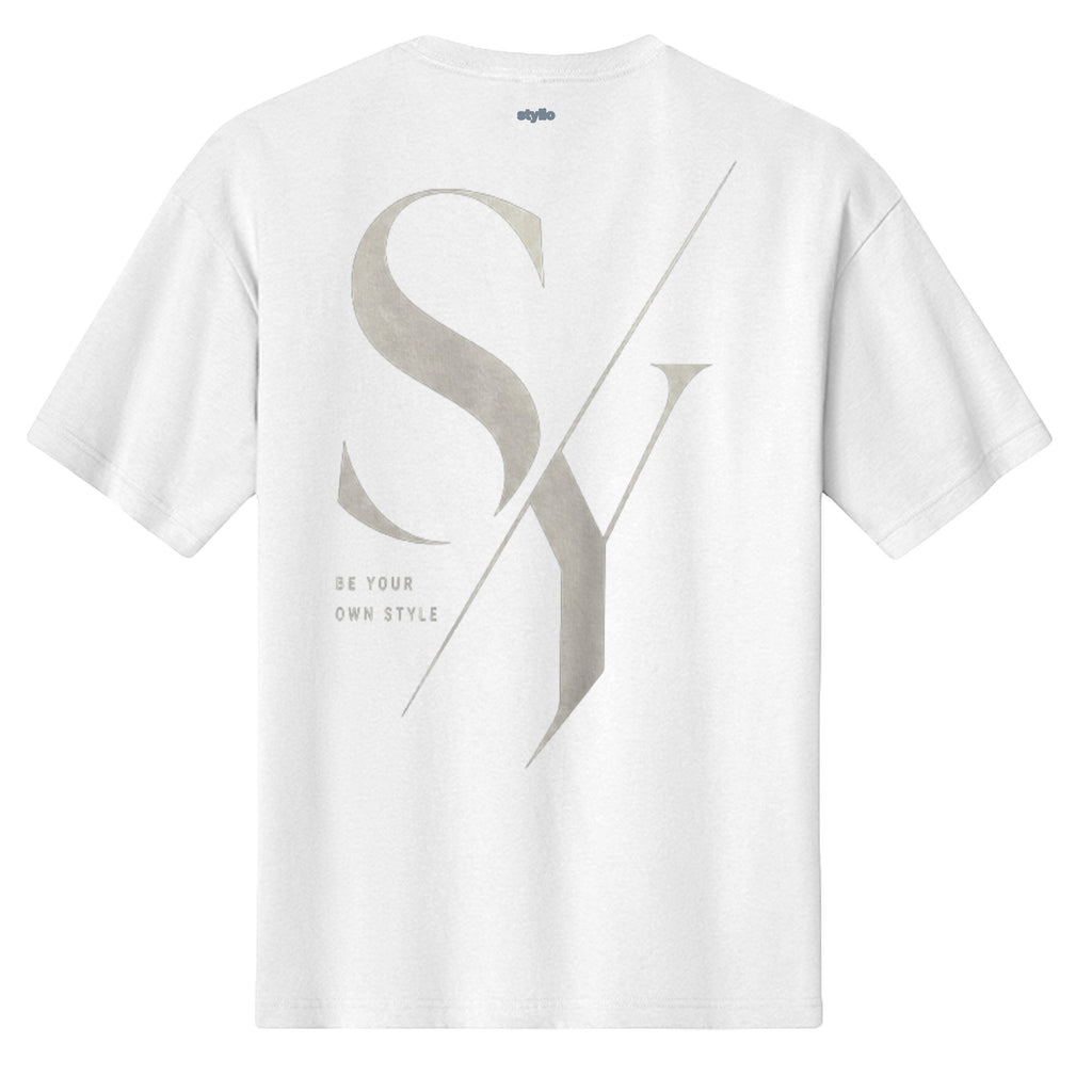 Stylio white 100% cotton heavyweight t-shirt with large grey 'SY' graphic and 'BE YOUR OWN STYLE' text.