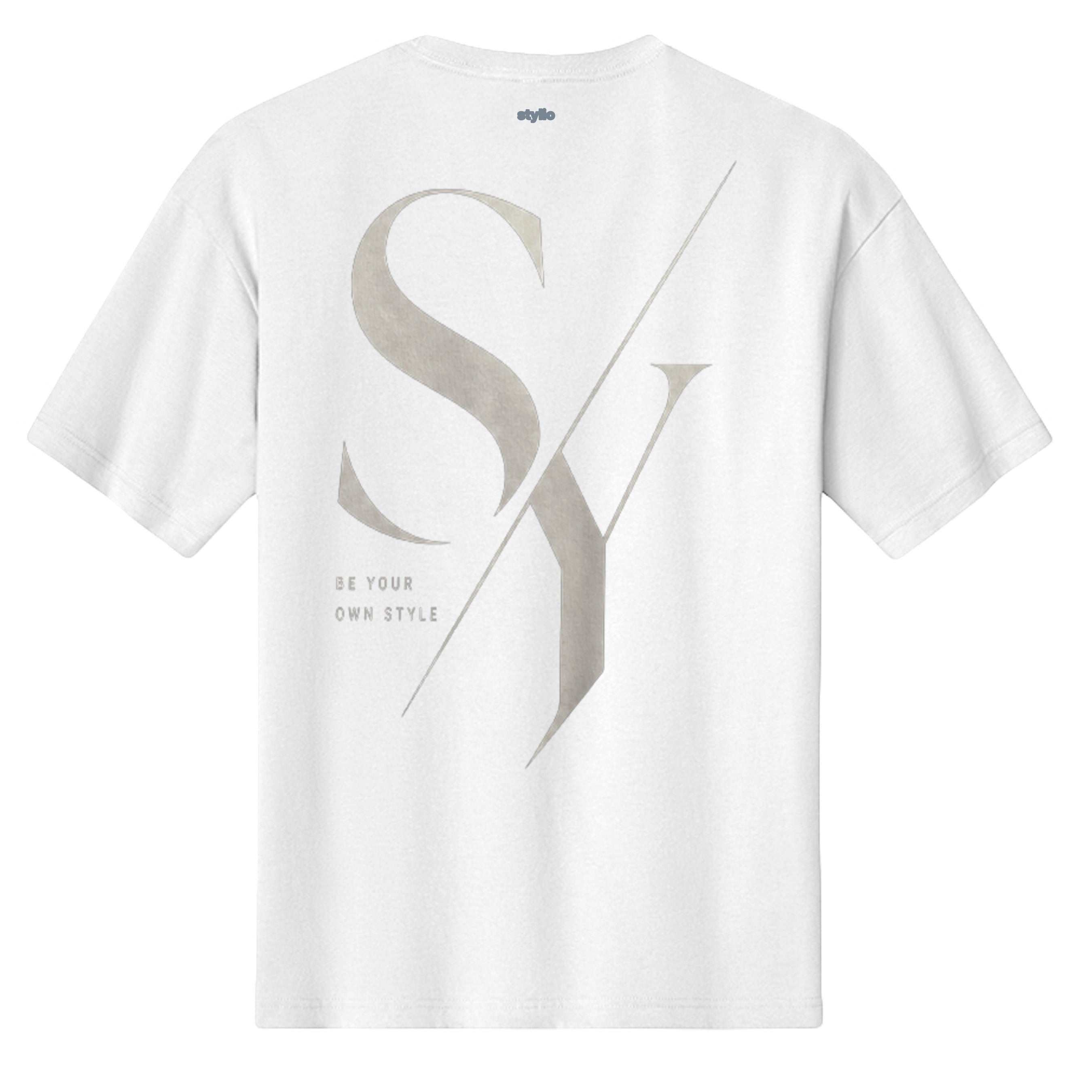 Stylio white 100% cotton heavyweight t-shirt with large grey 'SY' graphic and 'BE YOUR OWN STYLE' text.