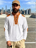 Stylio men's white long sleeve t-shirt with brown lace-up detail and elbow patches, made of 95% cotton and 5% spandex.
