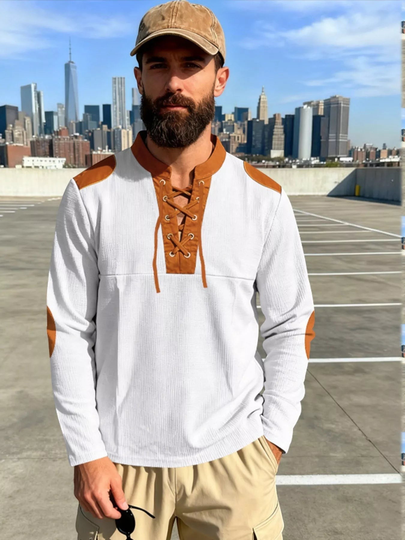 Stylio men's white long sleeve t-shirt with brown lace-up detail and elbow patches, made of 95% cotton and 5% spandex.