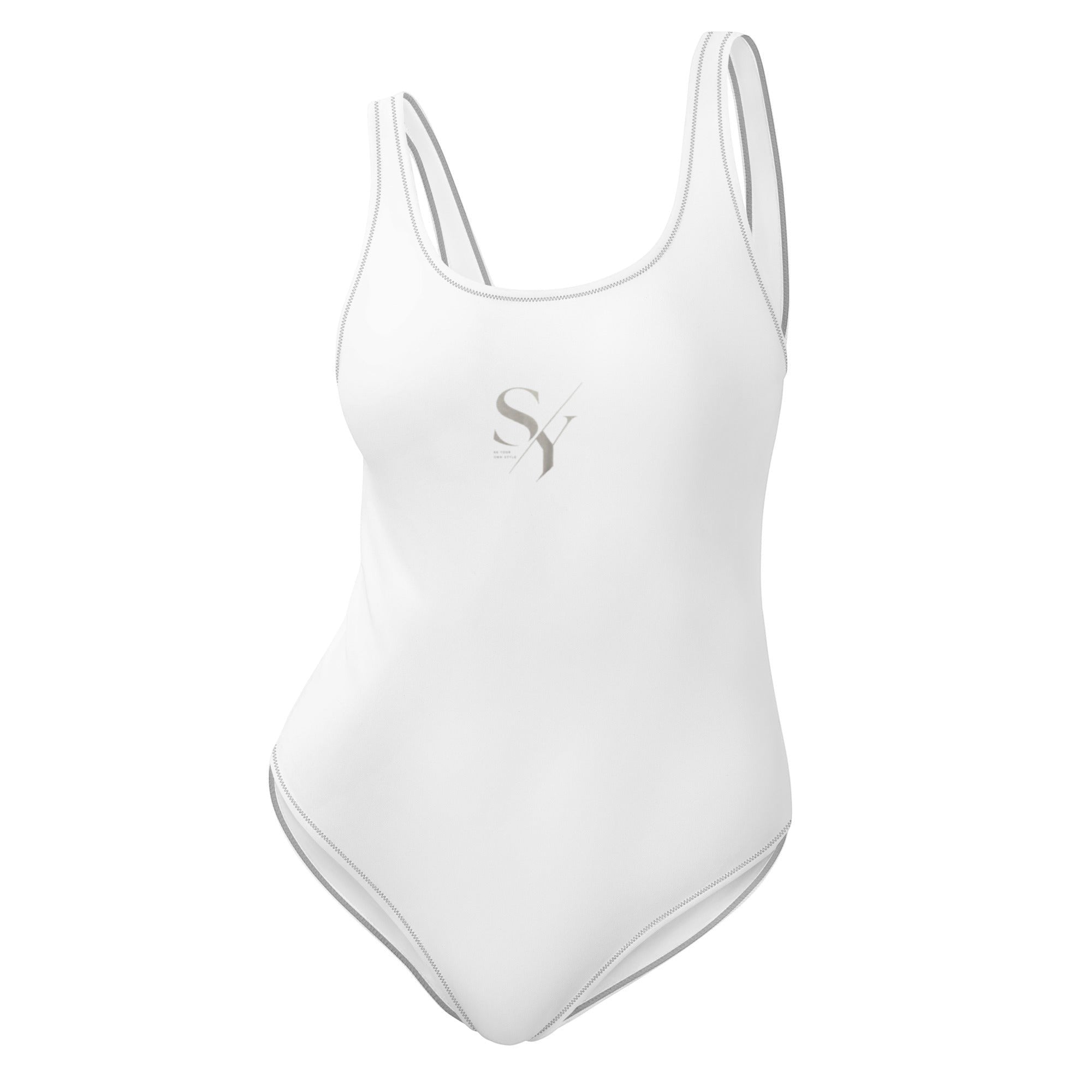 Stylio white one-piece swimsuit with scoop neckline and low scoop back, made from recycled polyester and elastane.