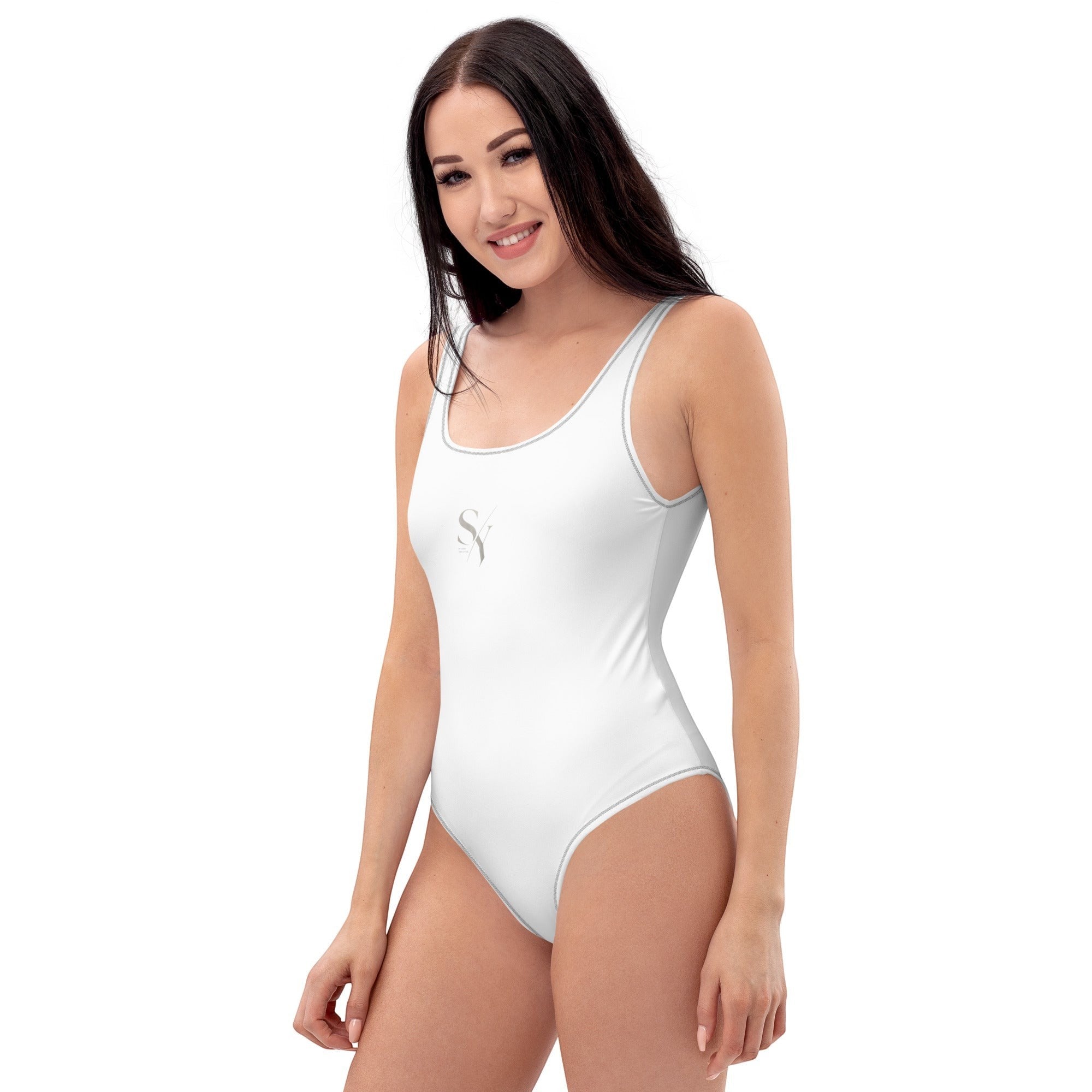 Stylio white one-piece swimsuit with scoop neckline and low scoop back, made from recycled polyester and elastane.