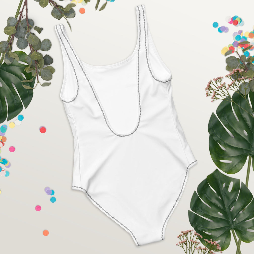Stylio white one-piece swimsuit with cheeky fit, scoop neckline, and low scoop back. Made from recycled polyester and elastane.