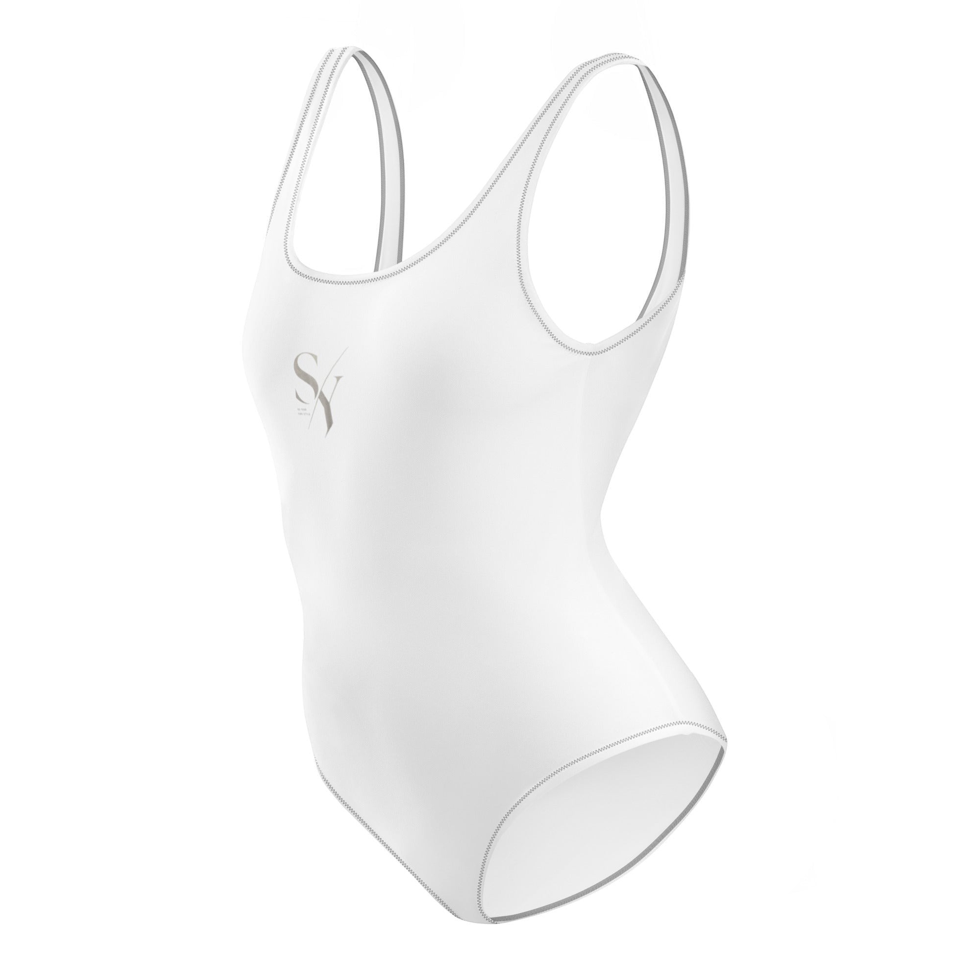 Stylio white one-piece swimsuit with scoop neckline, low scoop back, and zig-zag stitching detail. Made from recycled polyester and elastane.