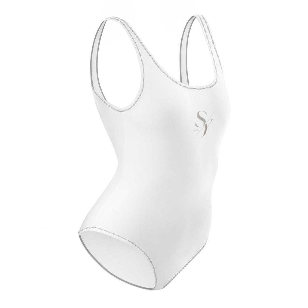 Stylio white one-piece swimsuit with scoop neckline, low scoop back, and cheeky fit. Made from recycled polyester and elastane with zig-zag stitching.