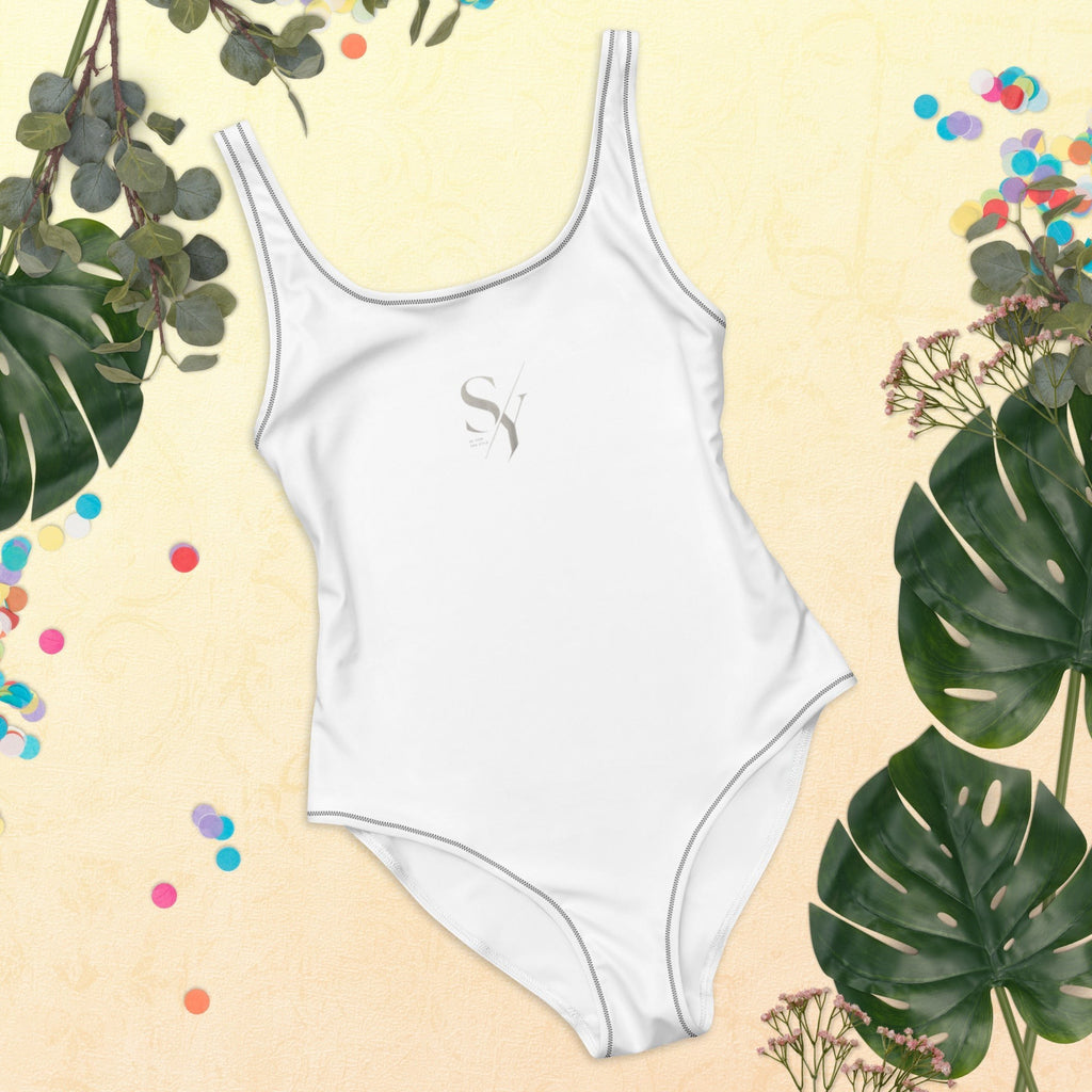 Stylio white one-piece swimsuit with scoop neckline and low scoop back, made from recycled polyester and elastane.