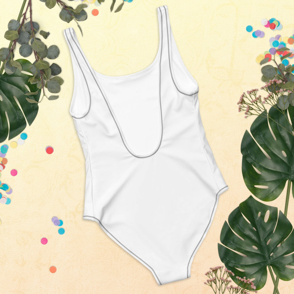 Stylio white one-piece swimsuit with scoop neckline and low scoop back, made from recycled polyester and elastane.