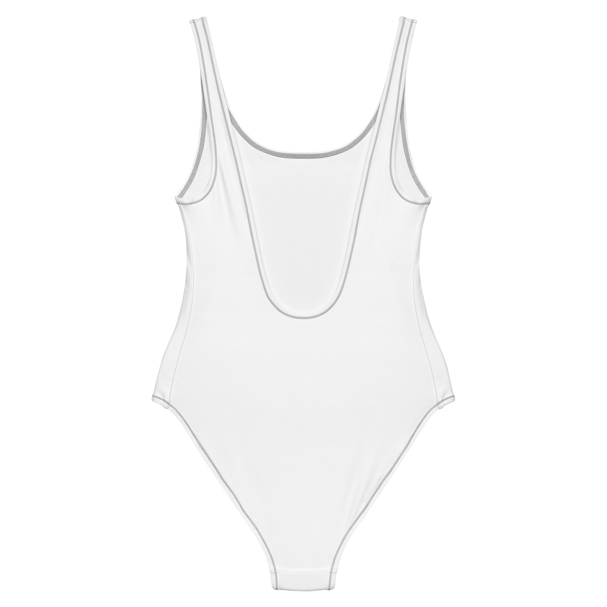Stylio white one-piece swimsuit with scoop neckline and low scoop back, made from recycled polyester and elastane.